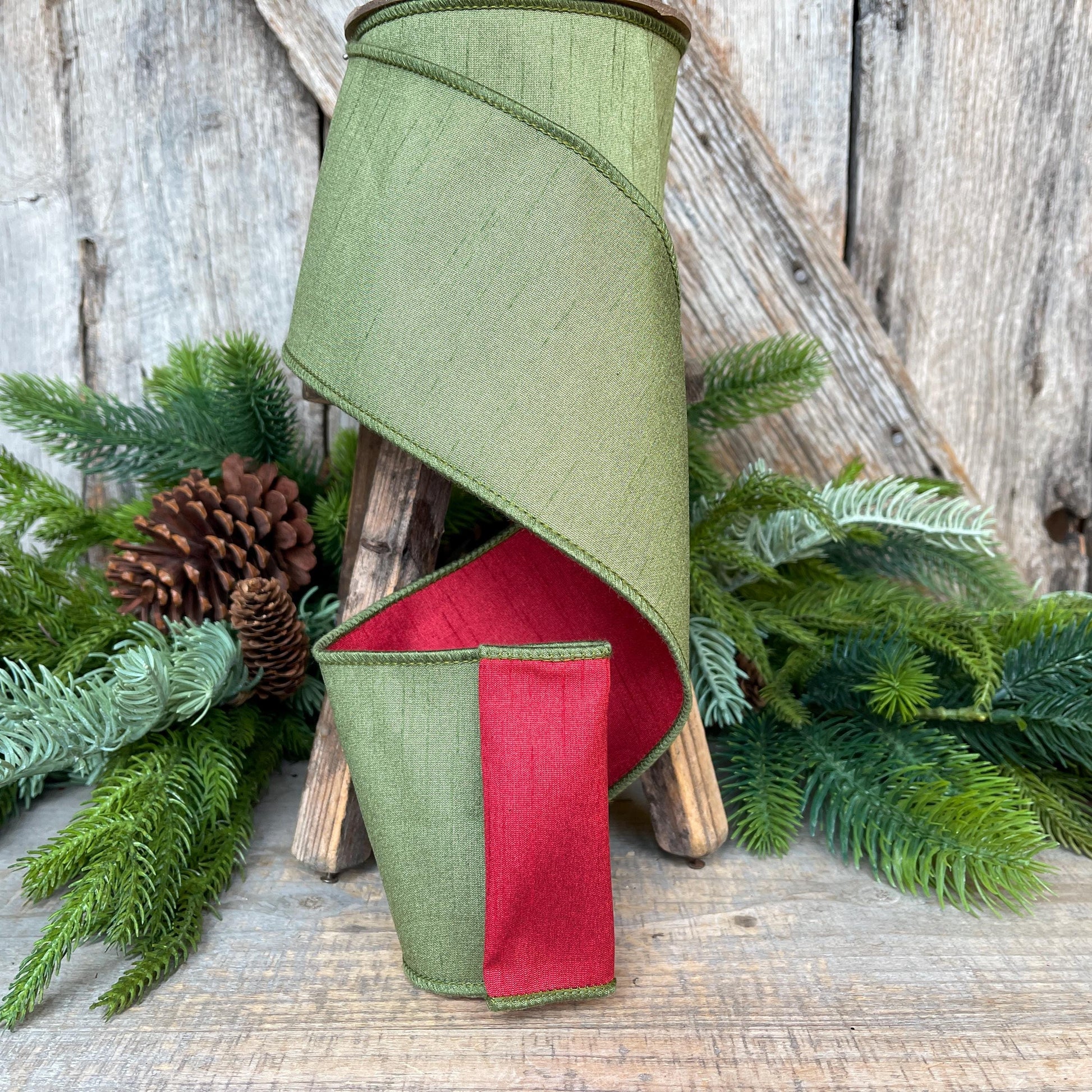 4" Red Moss Green Dupion Ribbon, Christmas Ribbon, Double Sided Ribbon