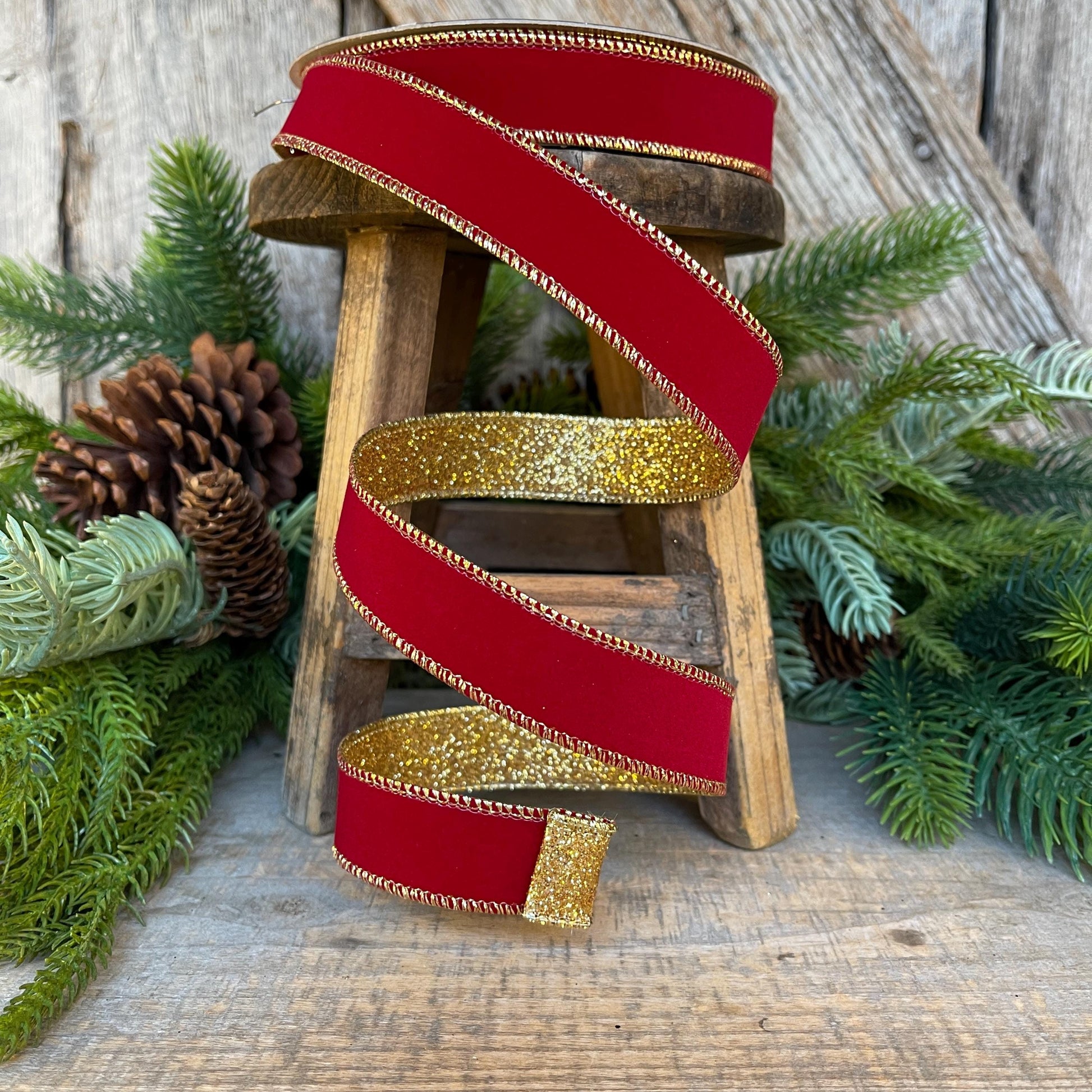 1" Red Gold Ribbon, Red Gold Gleam Ribbon, Farrisilk Ribbon, Wired Ribbon, Christmas Ribbon, Narrow Ribbon, Christmas Tree Ribbon