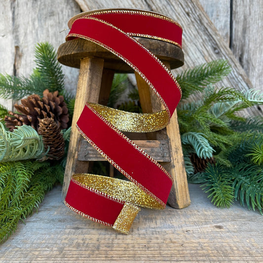 1" Red Gold Ribbon, Red Gold Gleam Ribbon, Farrisilk Ribbon, Wired Ribbon, Christmas Ribbon, Narrow Ribbon, Christmas Tree Ribbon