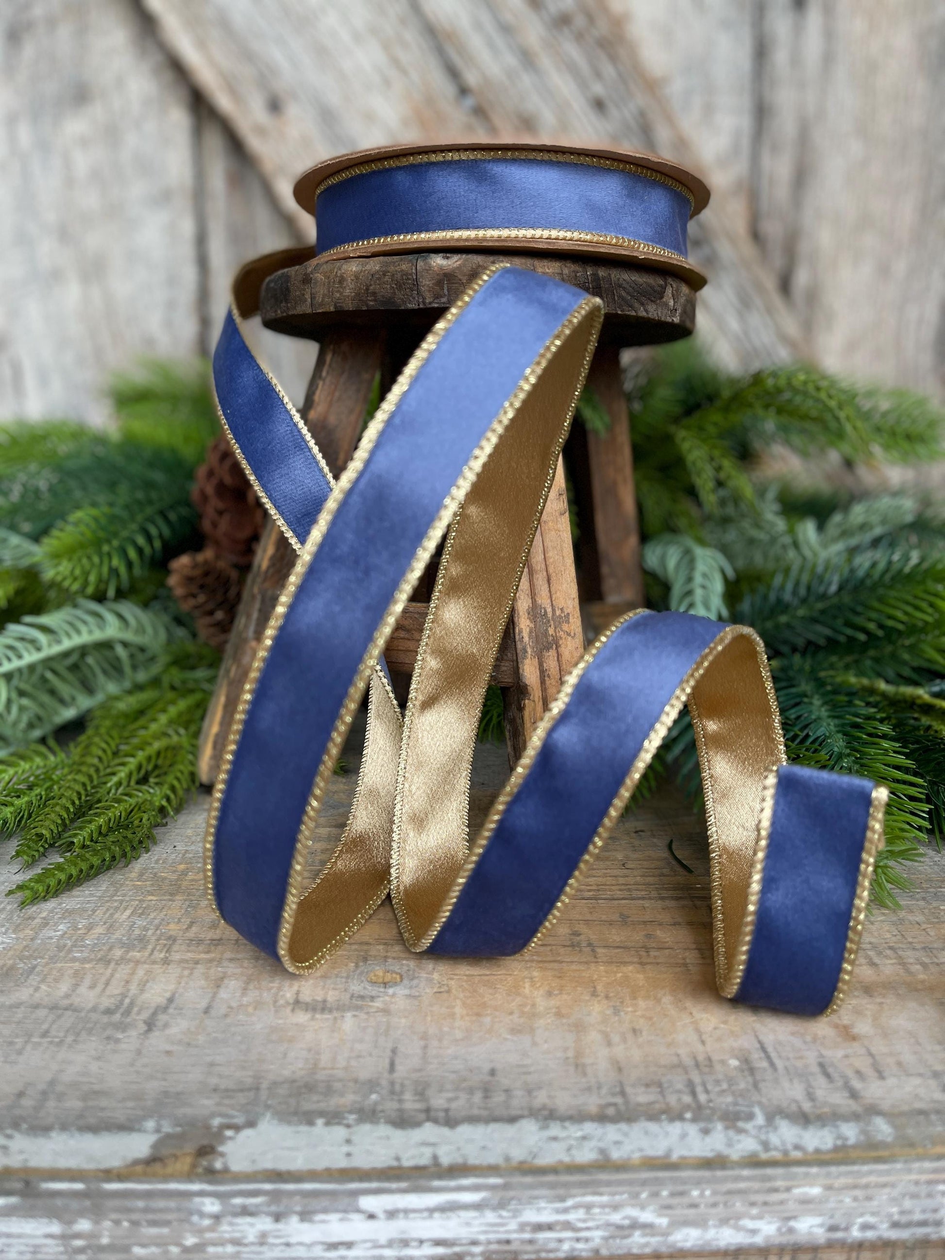 1" French Blue Velvet Ribbon, French Blue Velvet Ribbon, Wired Ribbon