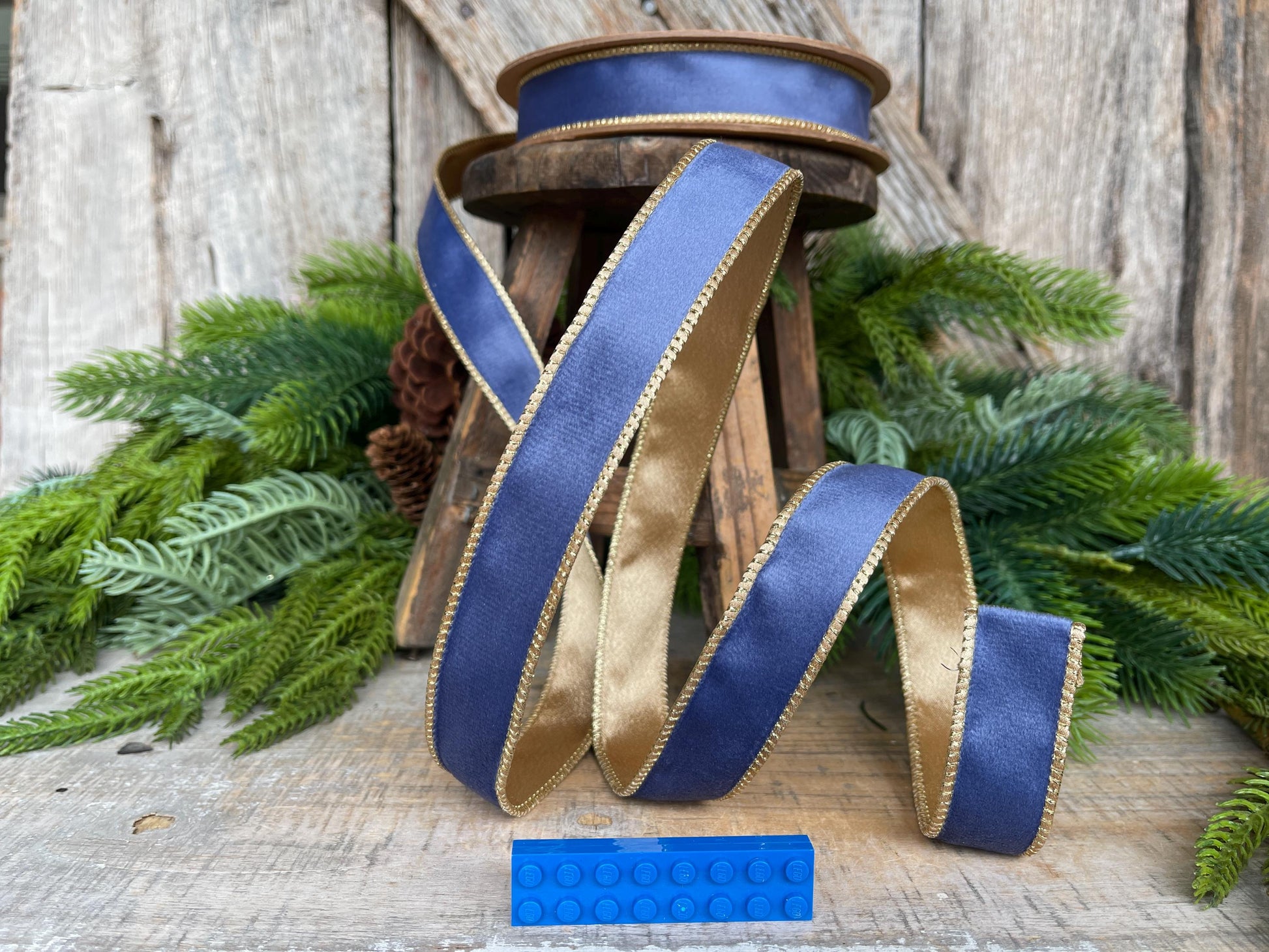 1" French Blue Velvet Ribbon, French Blue Velvet Ribbon, Wired Ribbon