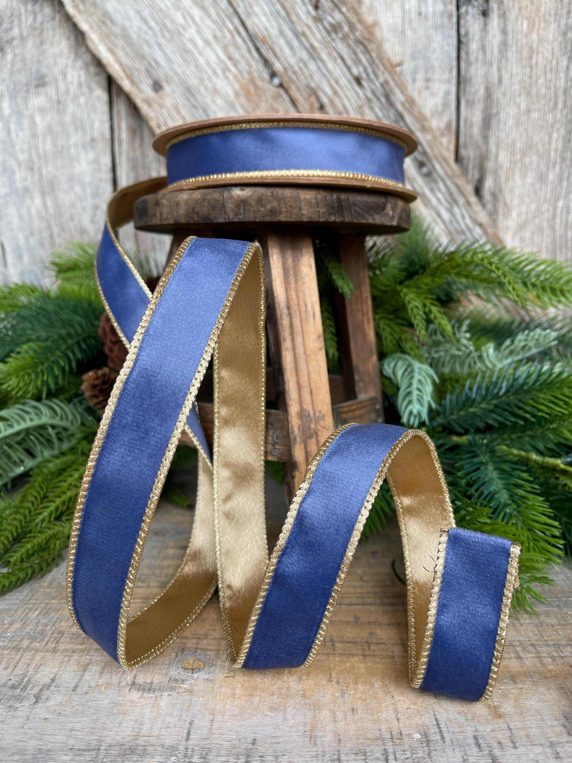 1" French Blue Velvet Ribbon, French Blue Velvet Ribbon, Wired Ribbon