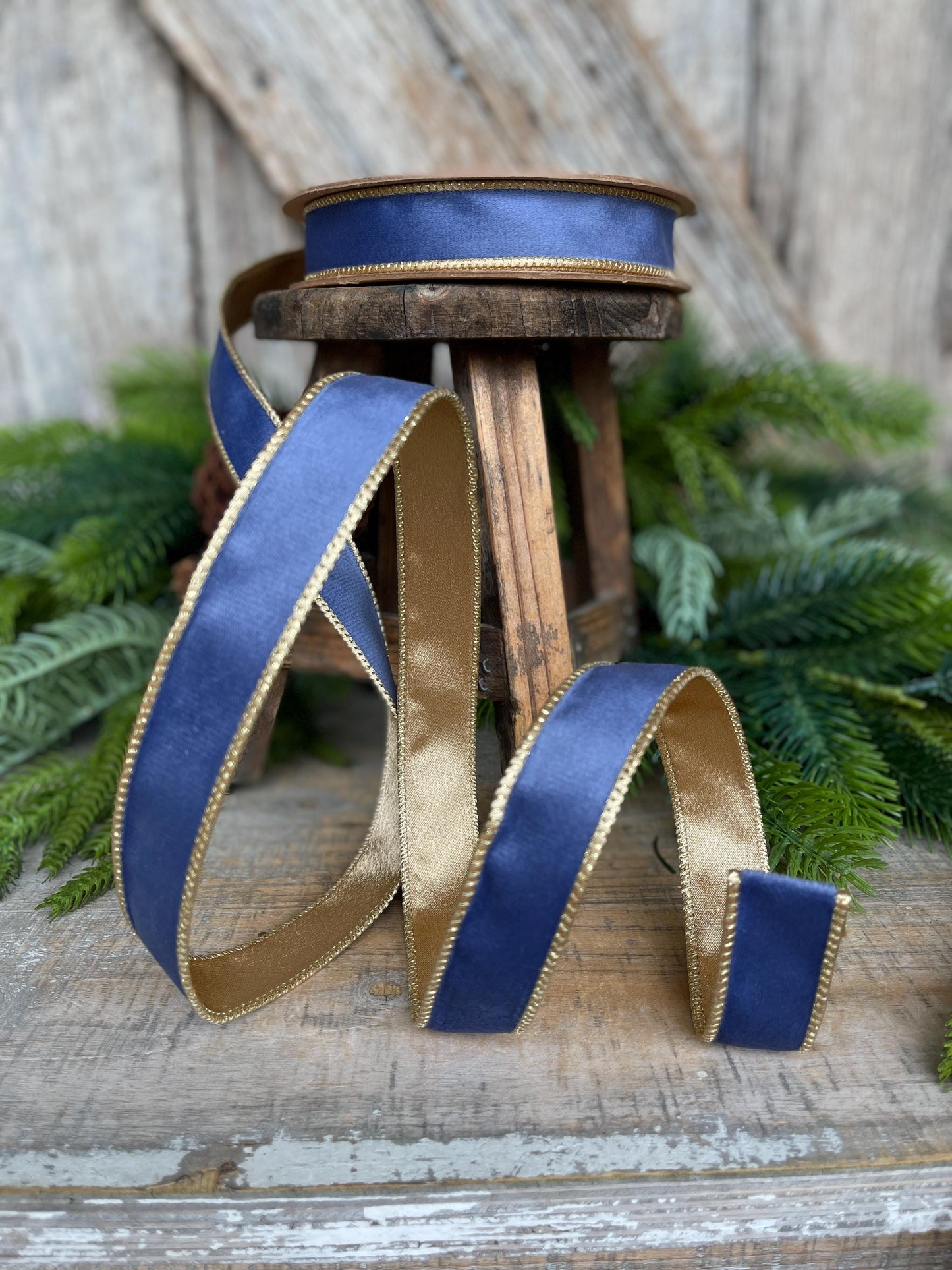 1" French Blue Velvet Ribbon, French Blue Velvet Ribbon, Wired Ribbon