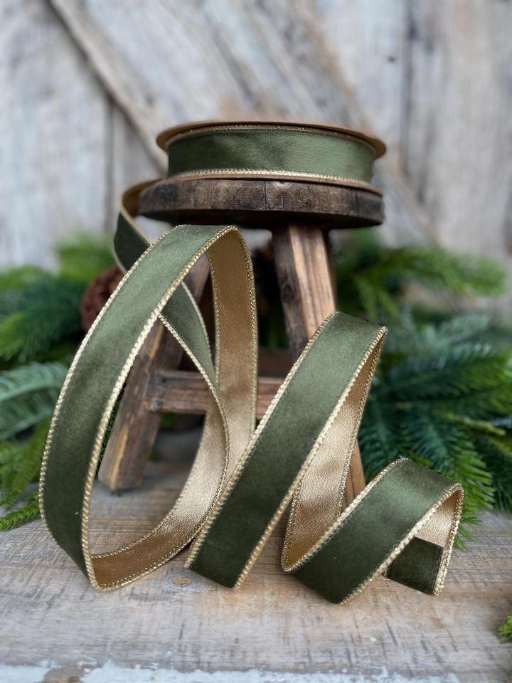 1" Forest Green Velvet Ribbon, Moss Green &amp; Gold Velvet Ribbon, Christmas RIbbon
