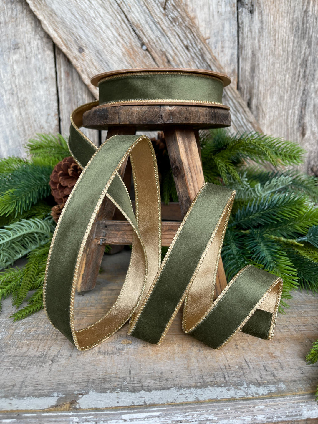 1" Forest Green Velvet Ribbon, Moss Green &amp; Gold Velvet Ribbon, Christmas RIbbon