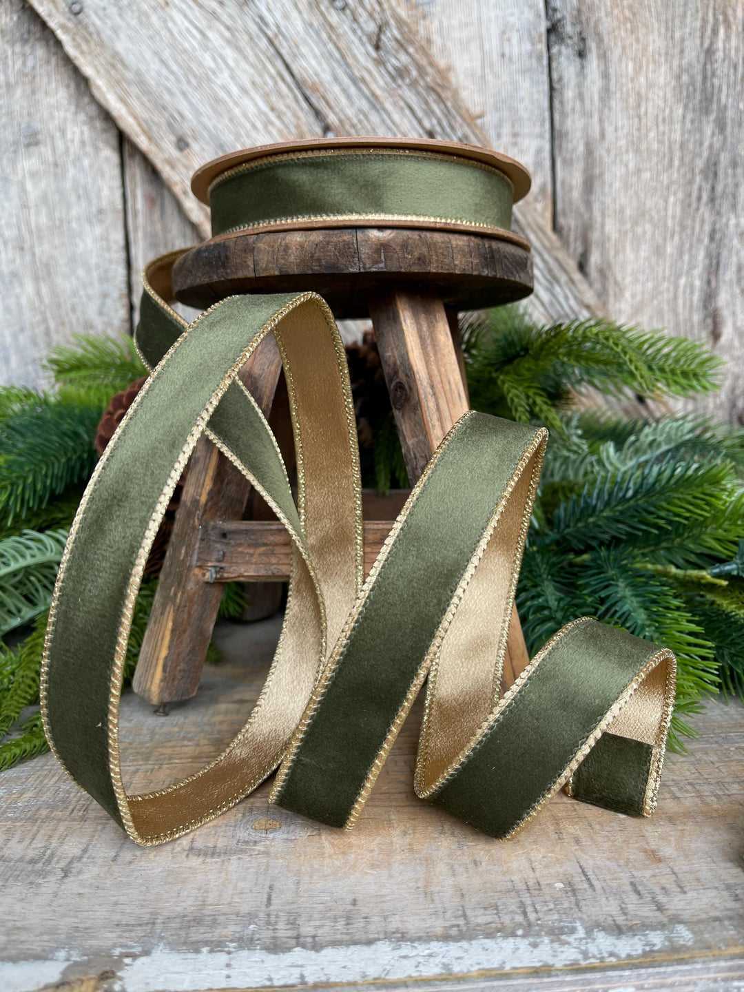 1" Forest Green Velvet Ribbon, Moss Green &amp; Gold Velvet Ribbon, Christmas RIbbon