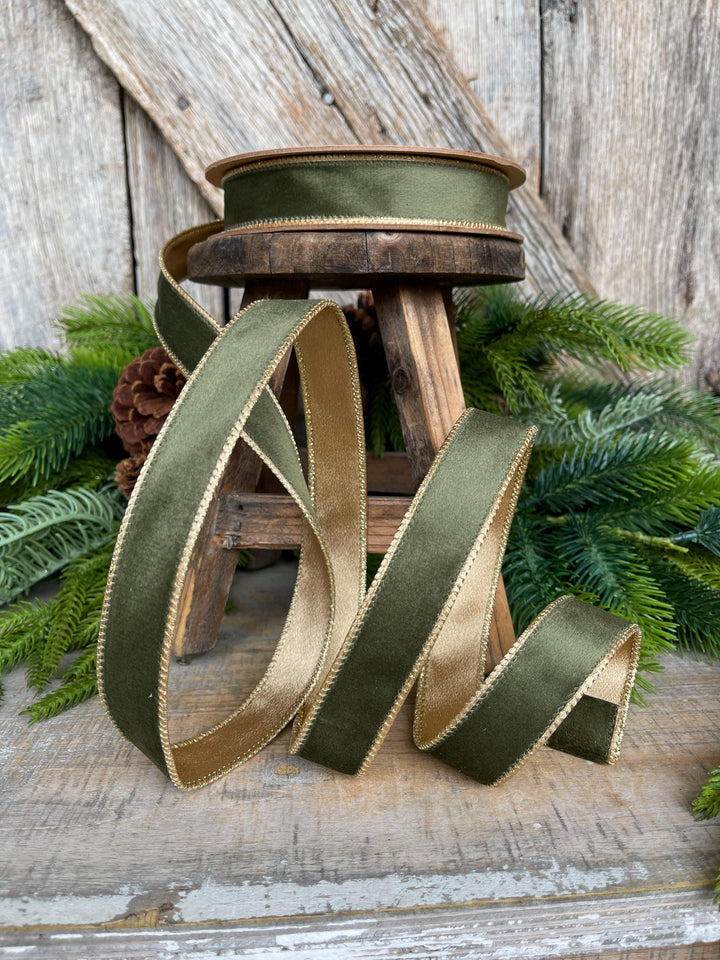 1" Forest Green Velvet Ribbon, Moss Green &amp; Gold Velvet Ribbon, Christmas RIbbon