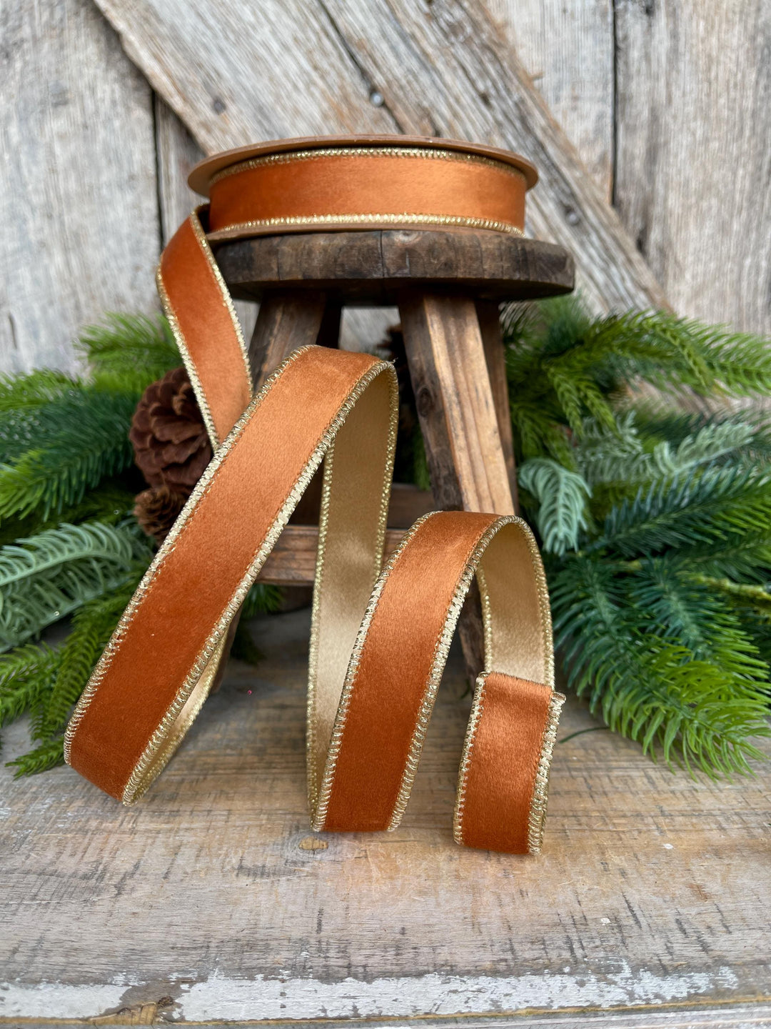Copper Brown Velvet Wired Ribbon: 1" Fall Christmas Decor