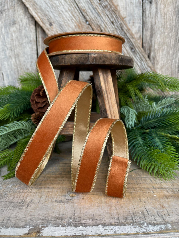 Copper Brown Velvet Wired Ribbon: 1" Fall Christmas Decor