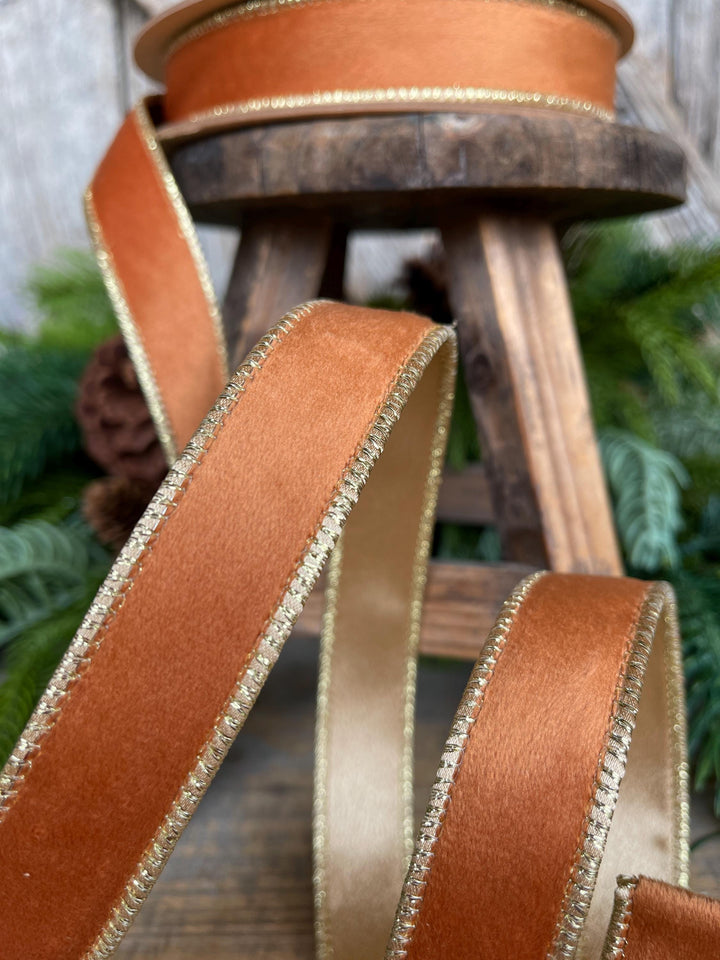 Copper Brown Velvet Wired Ribbon: 1" Fall Christmas Decor