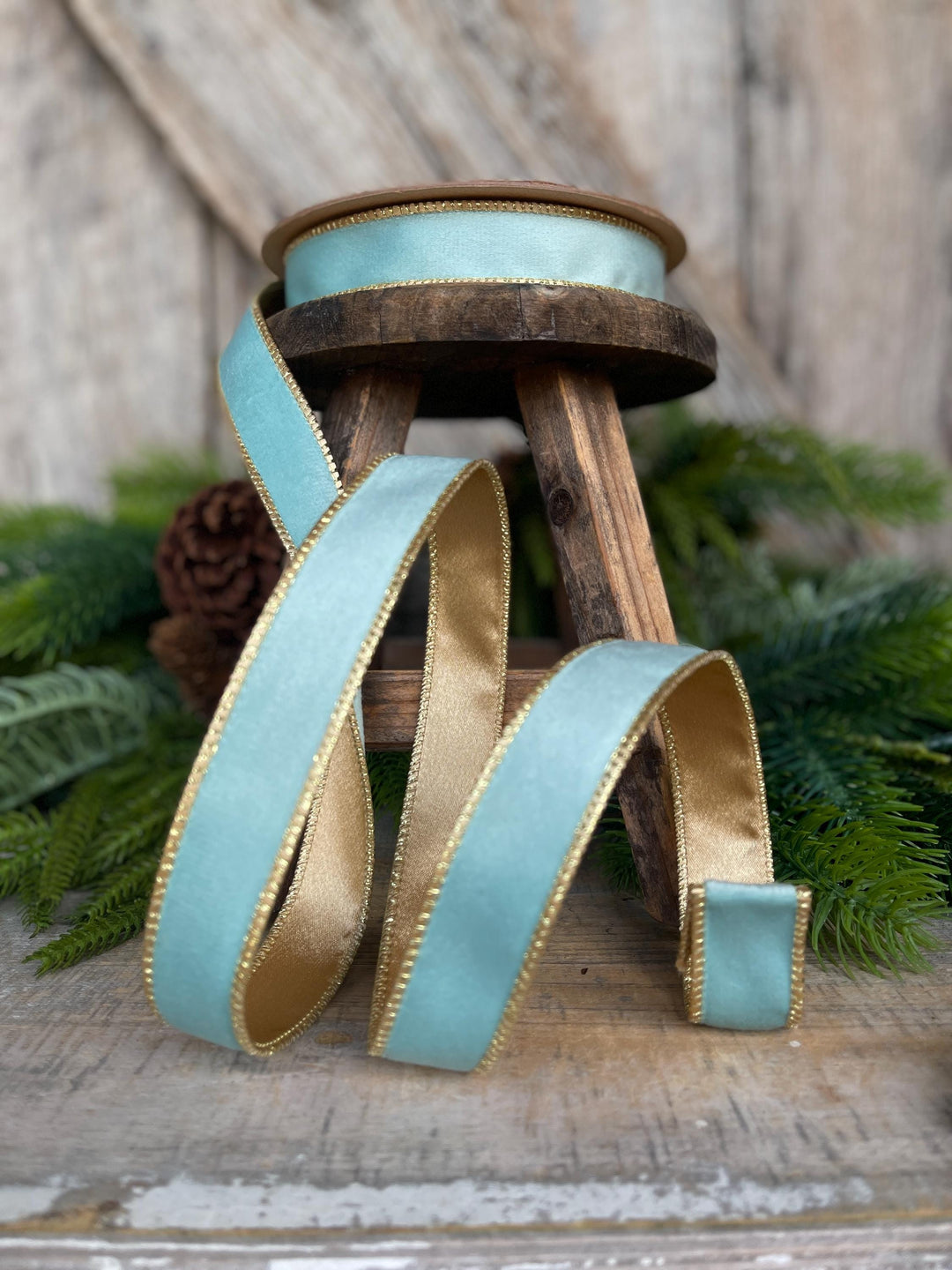 Aqua Blue Teal Velvet Wired Ribbon: Gold Backing, 1 inch, 10 Yards