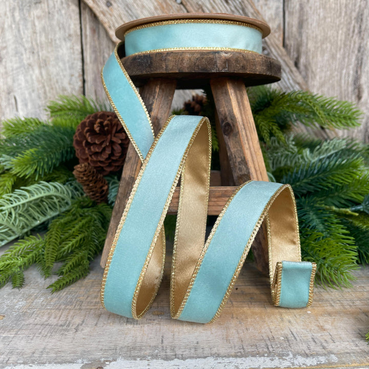Aqua Blue Teal Velvet Wired Ribbon: Gold Backing, 1 inch, 10 Yards