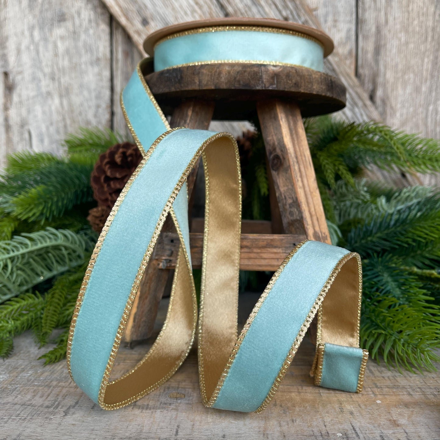 1" Aqua Blue Velvet Ribbon, Aqua Velvet Ribbon, Wired Ribbon