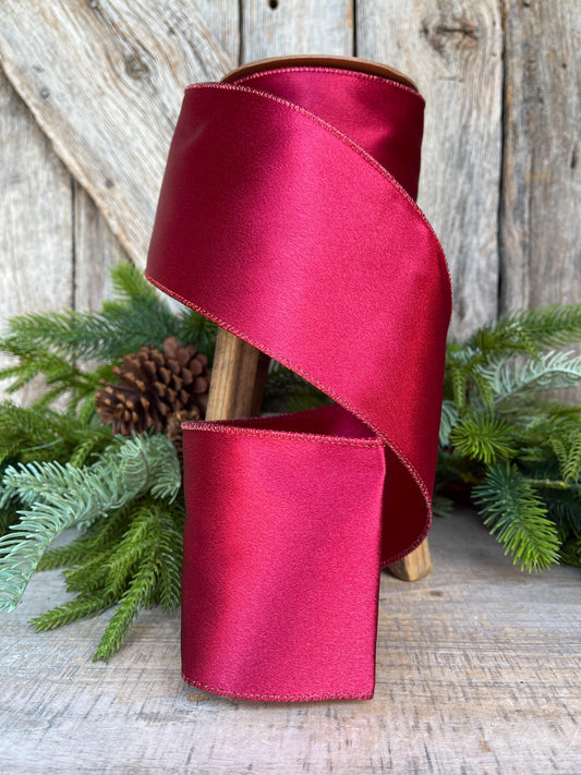 4" Wine Burgundy Satin Ribbon, Christmas Ribbon, Shimmer Satin Ribbon, Wired Ribbon, Maroon Ribbon