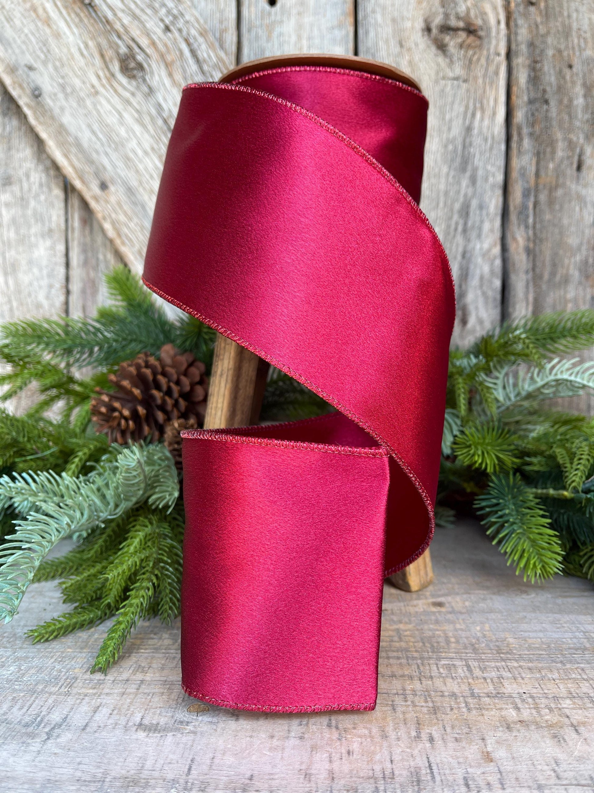 4" Wine Burgundy Satin Ribbon, Christmas Ribbon, Shimmer Satin Ribbon, Wired Ribbon, Maroon Ribbon