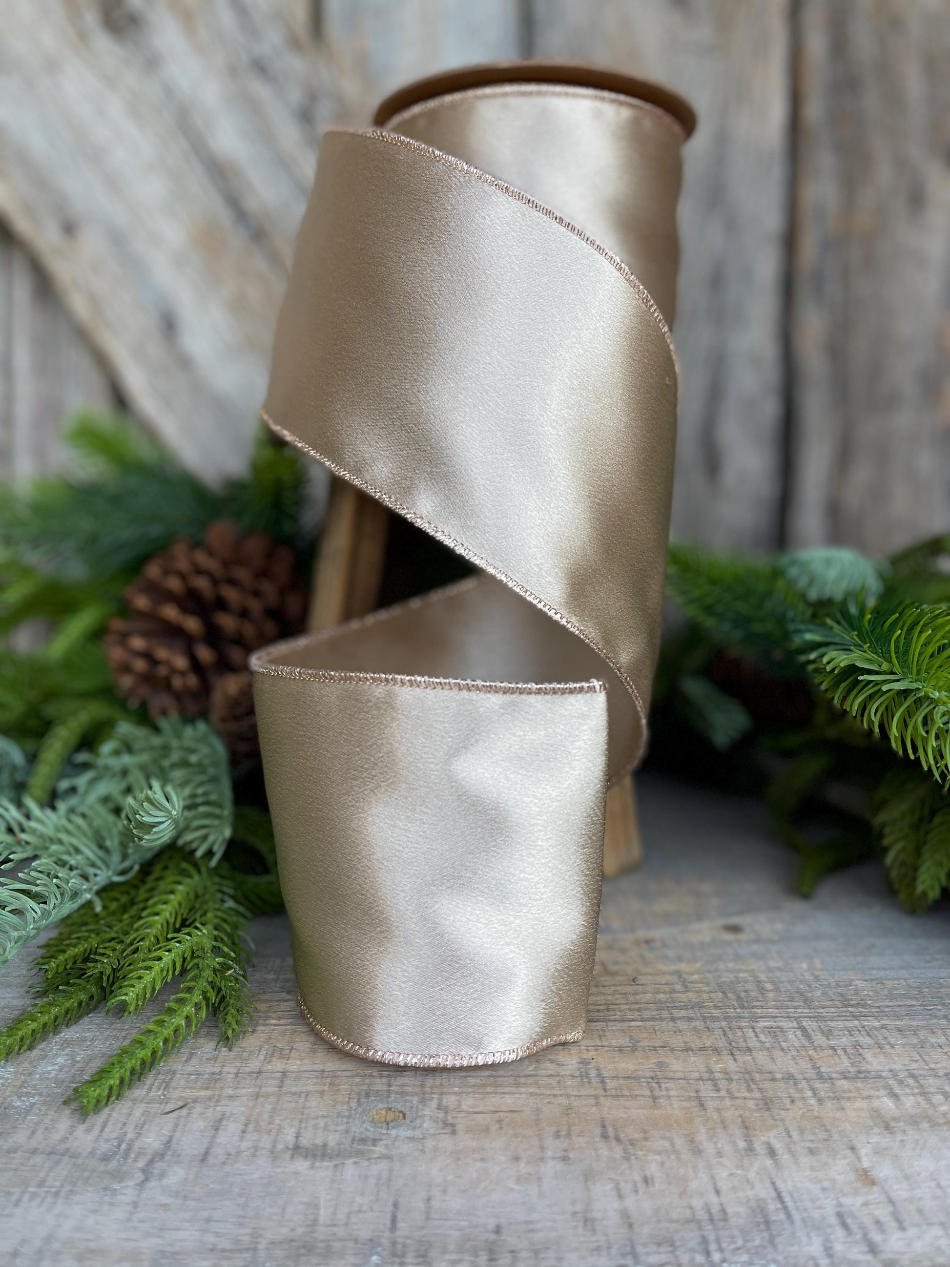 4" Champagne Gold Satin Ribbon, Christmas Ribbon, Shimmer Satin Ribbon, Wired Ribbon, Gold Ribbon