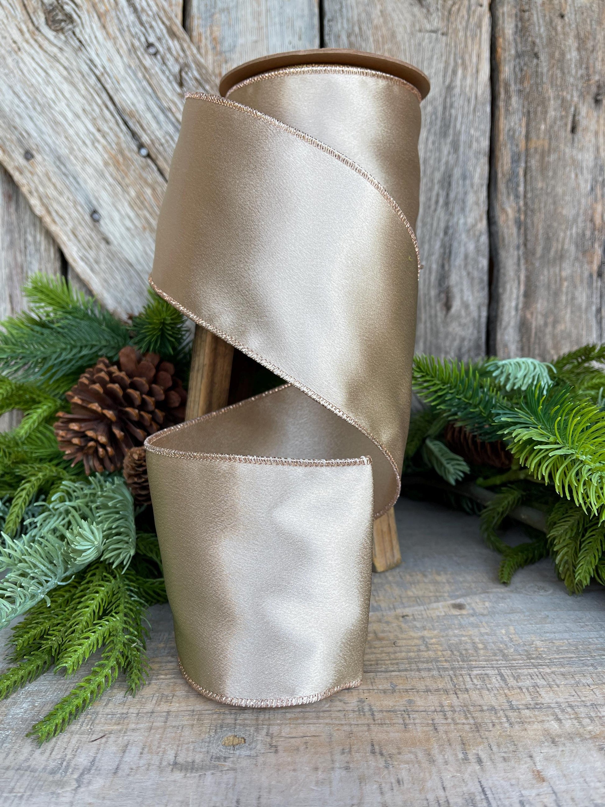 4" Champagne Gold Satin Ribbon, Christmas Ribbon, Shimmer Satin Ribbon, Wired Ribbon, Gold Ribbon