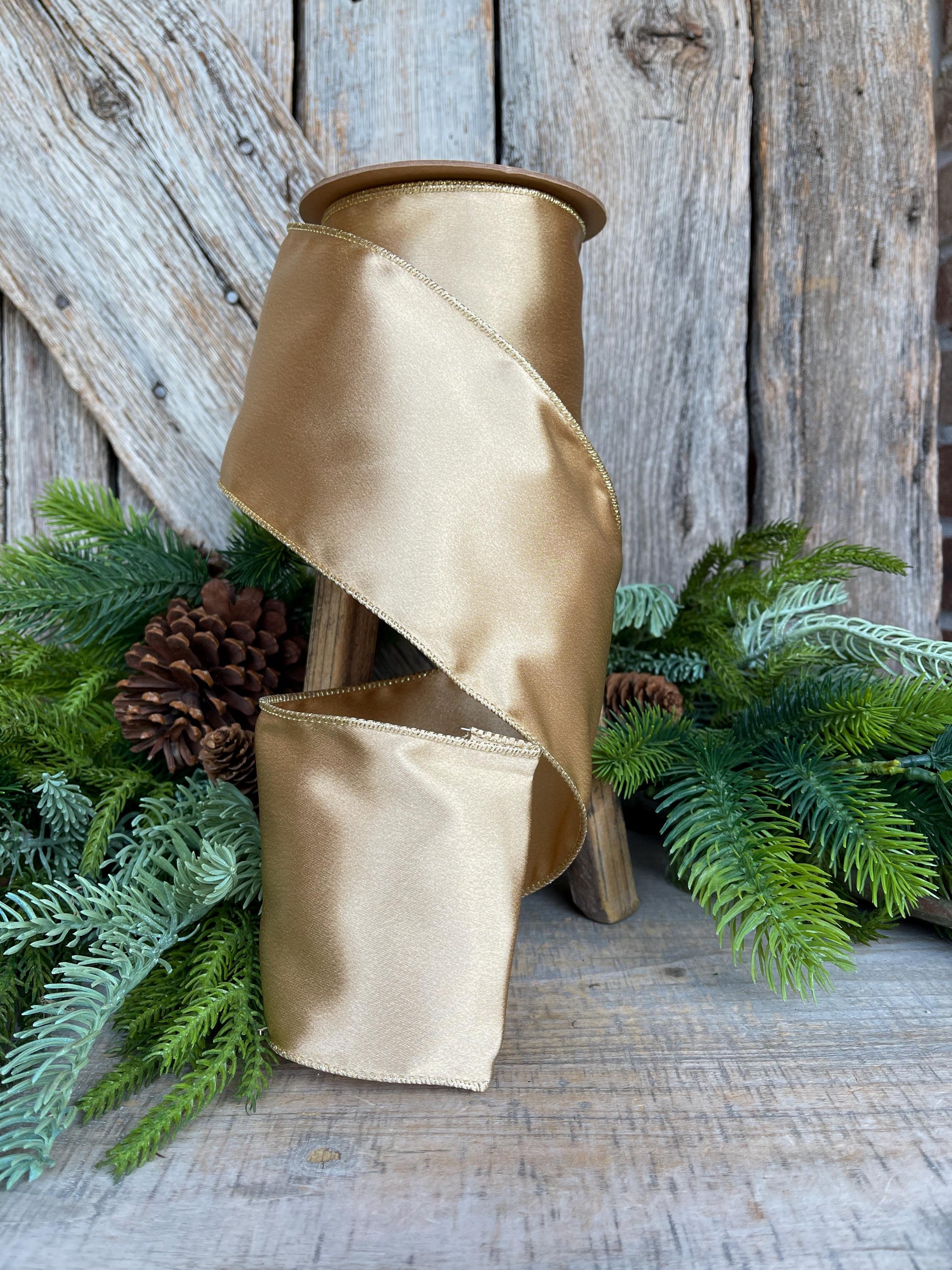 4" Gold Satin Ribbon, Christmas Ribbon, Shimmer Satin Ribbon, Wired Ribbon, Gold Ribbon
