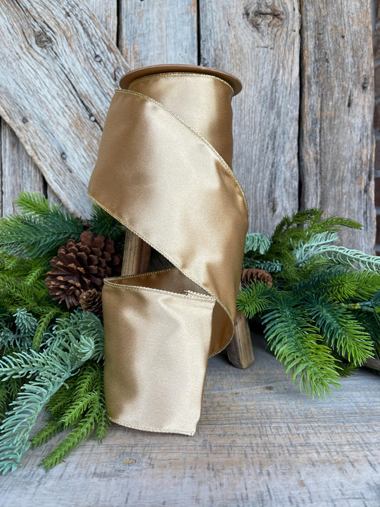 4" Gold Satin Ribbon, Christmas Ribbon, Shimmer Satin Ribbon, Wired Ribbon, Gold Ribbon