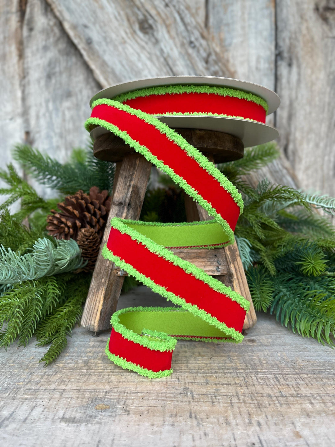 1" Red Lime Green Ribbon, Farrisilk Ribbon, Scrooge Trim Ribbon