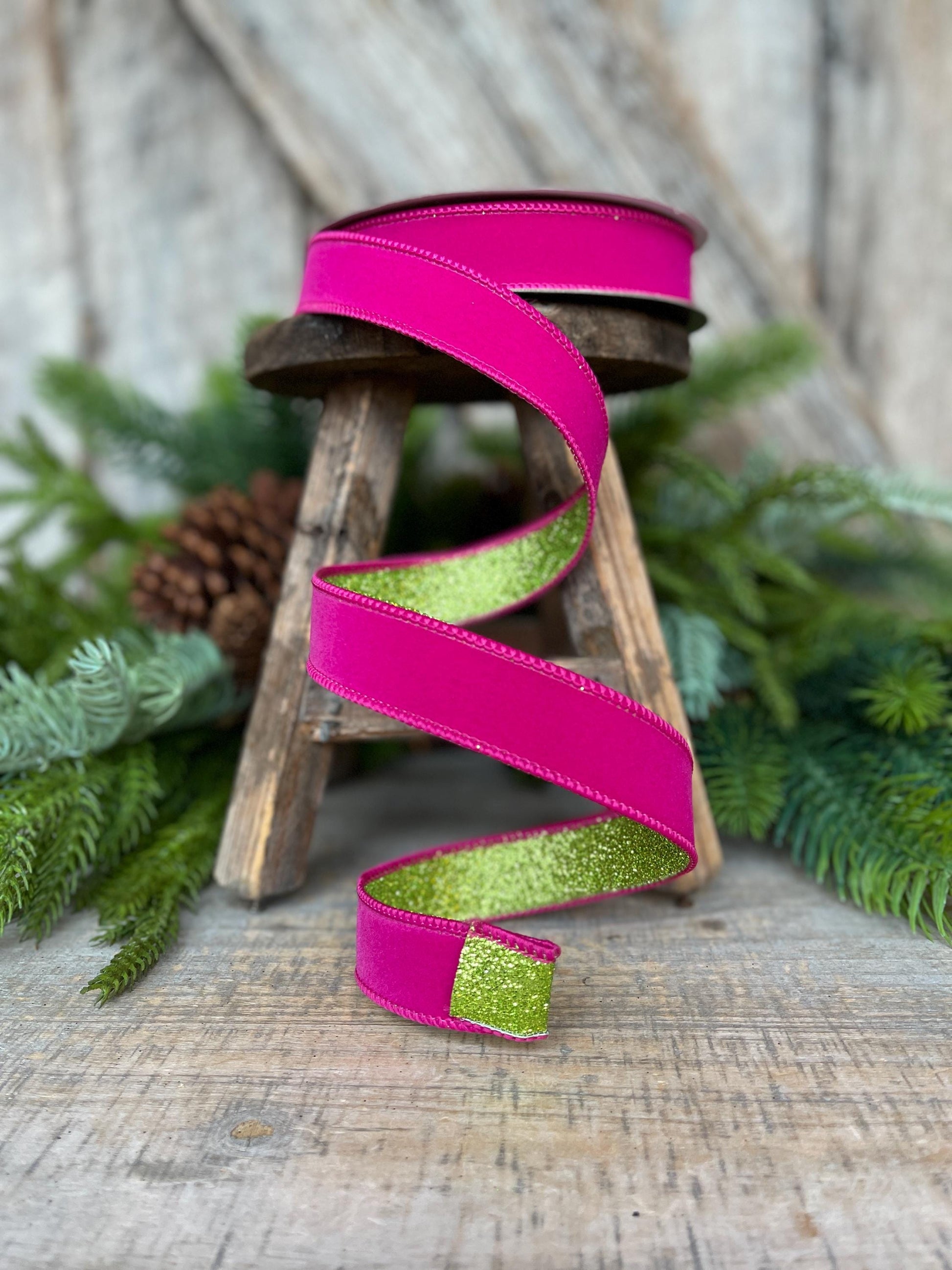 1" Hot Pink Lime Green Ribbon, Farrisilk Ribbon, Hot Pink Ribbon