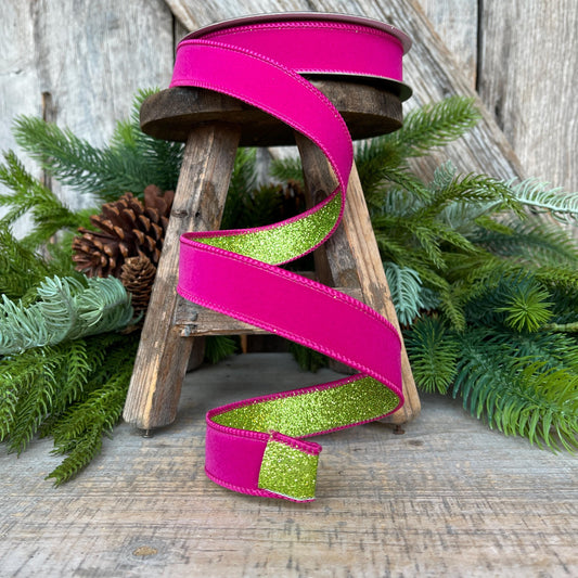 1" Hot Pink Lime Green Ribbon, Farrisilk Ribbon, Hot Pink Ribbon, Narrow Ribbon, Wired RIbbon, Christmas Ribbon, Fusion Ribbon, RS200-15