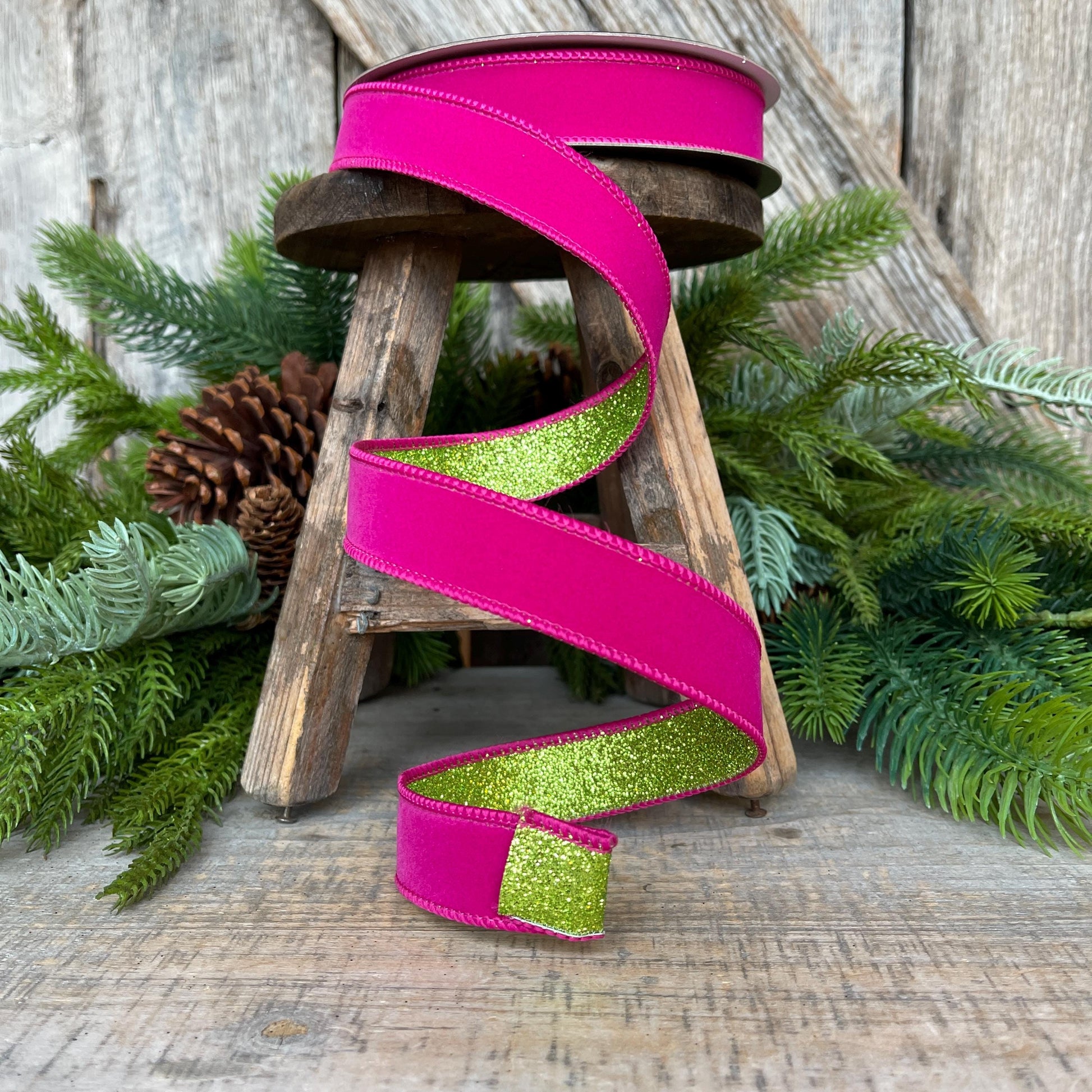 1" Hot Pink Lime Green Ribbon, Farrisilk Ribbon, Hot Pink Ribbon