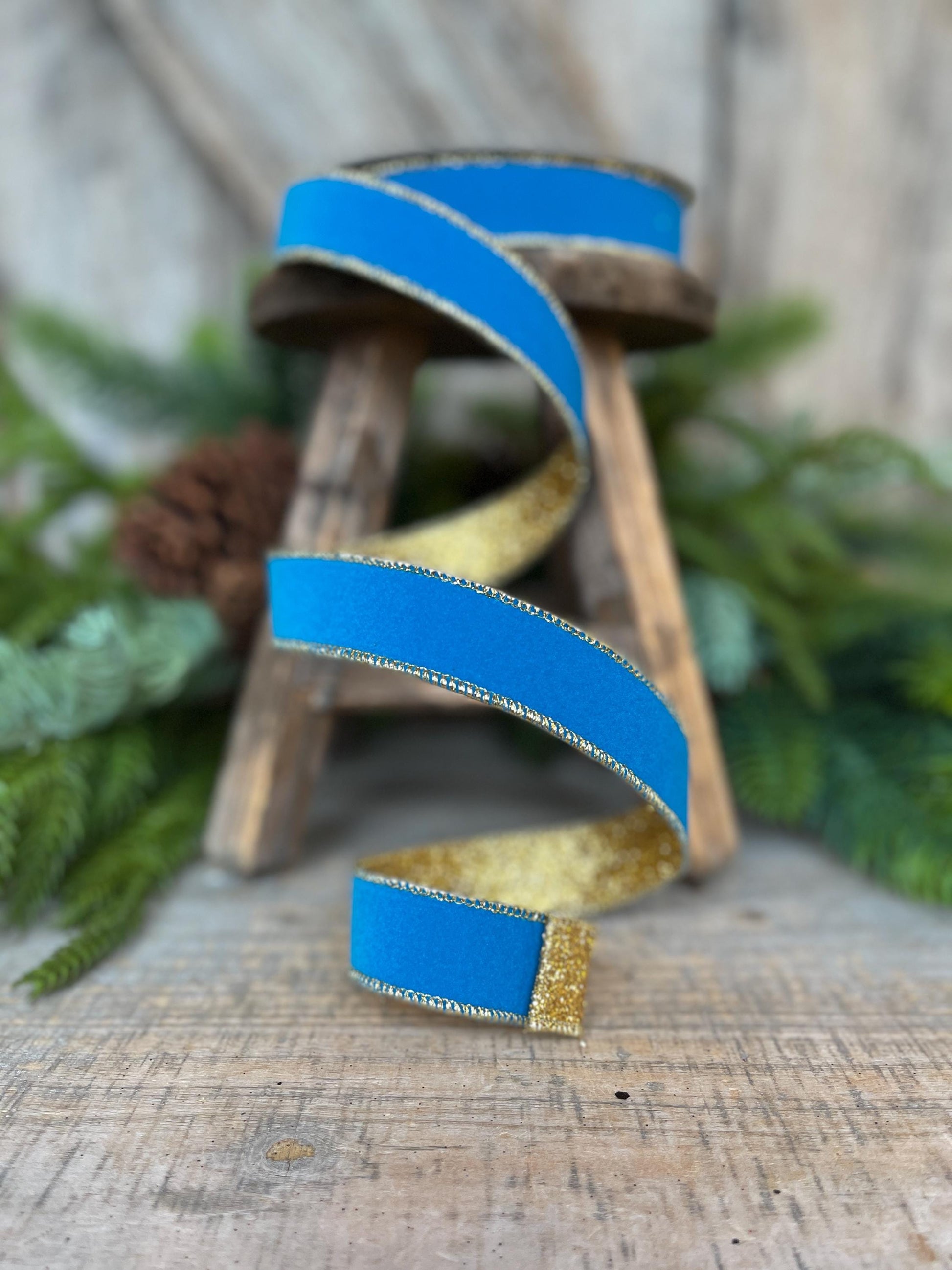 1" Blue Gold Gleam Ribbon, Farrisilk Ribbon, Wired Ribbon