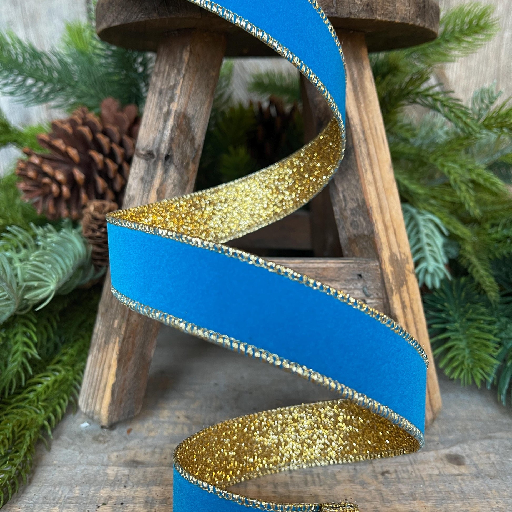 1" Blue Gold Gleam Ribbon, Farrisilk Ribbon, Wired Ribbon