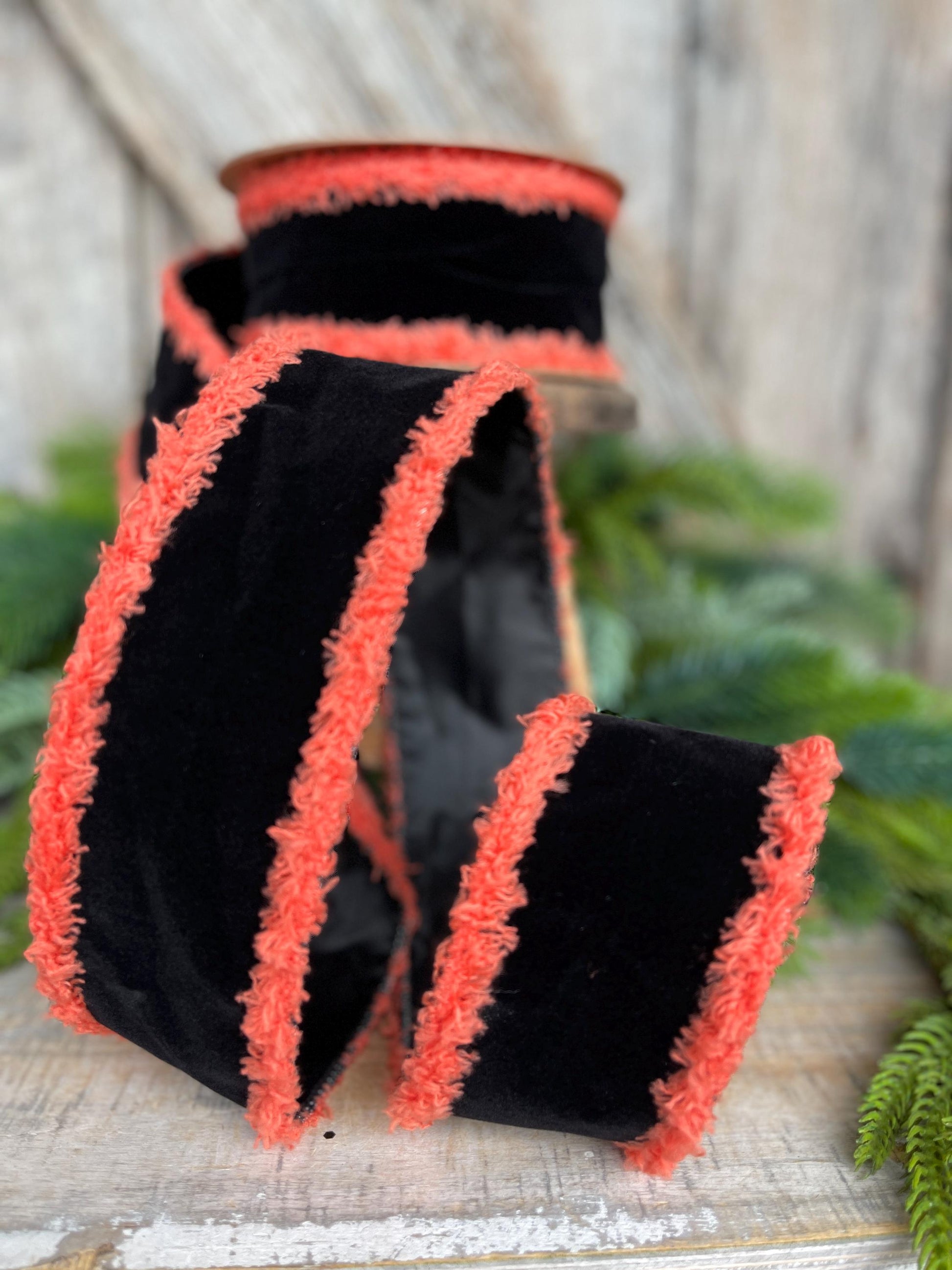 Black Velvet Halloween Ribbon: Orange Fuzzy Edge, Wired - 2.5"