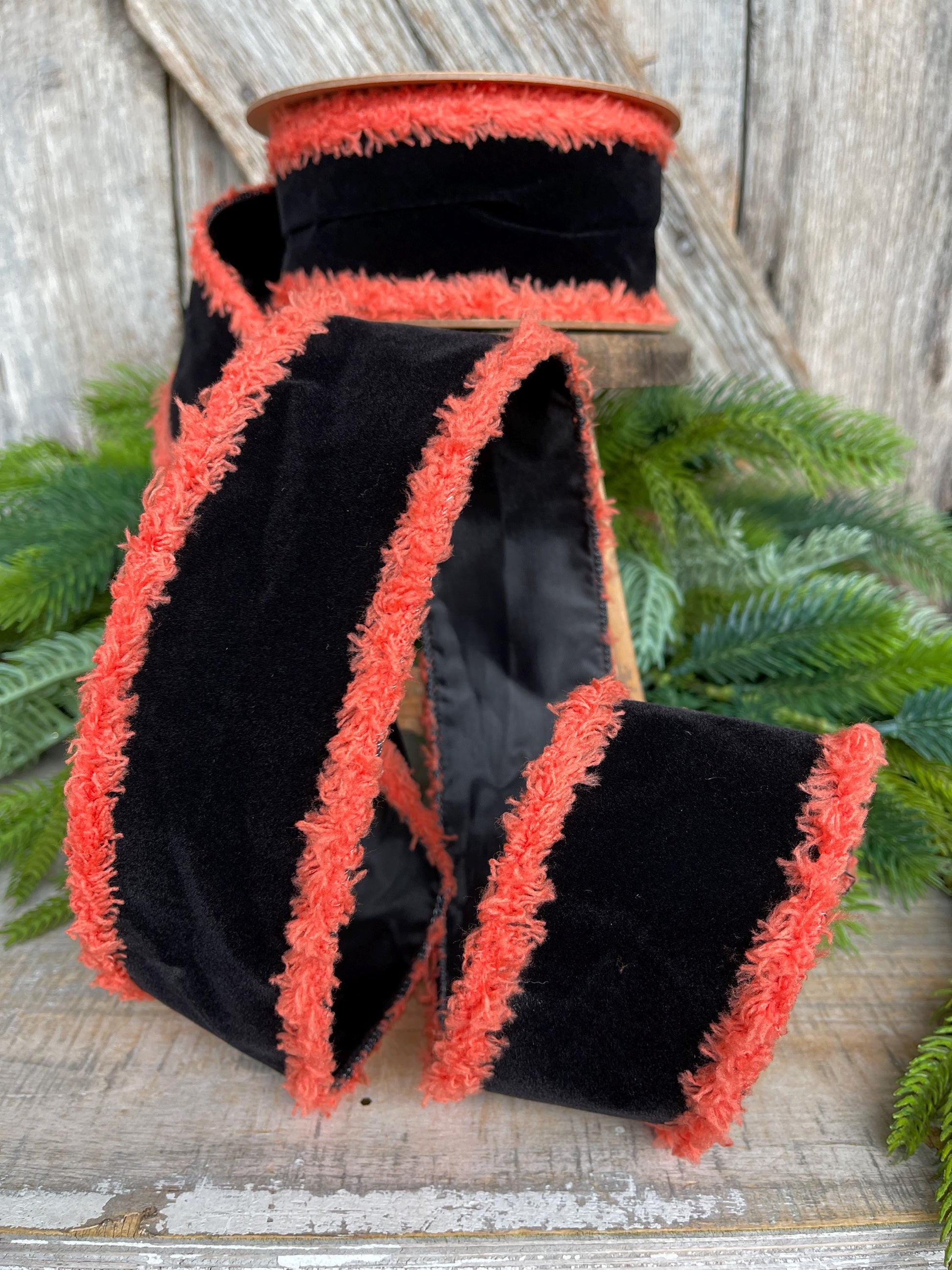 2.5" Black Orange Ribbon, Halloween Ribbon, Orange Fuzzy Edge Ribbon