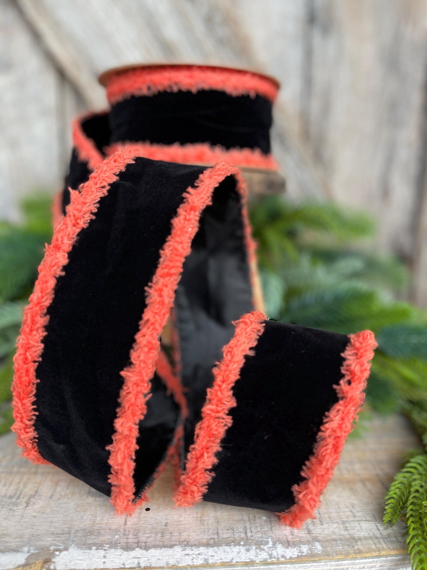 Black Velvet Halloween Ribbon: Orange Fuzzy Edge, Wired - 2.5"