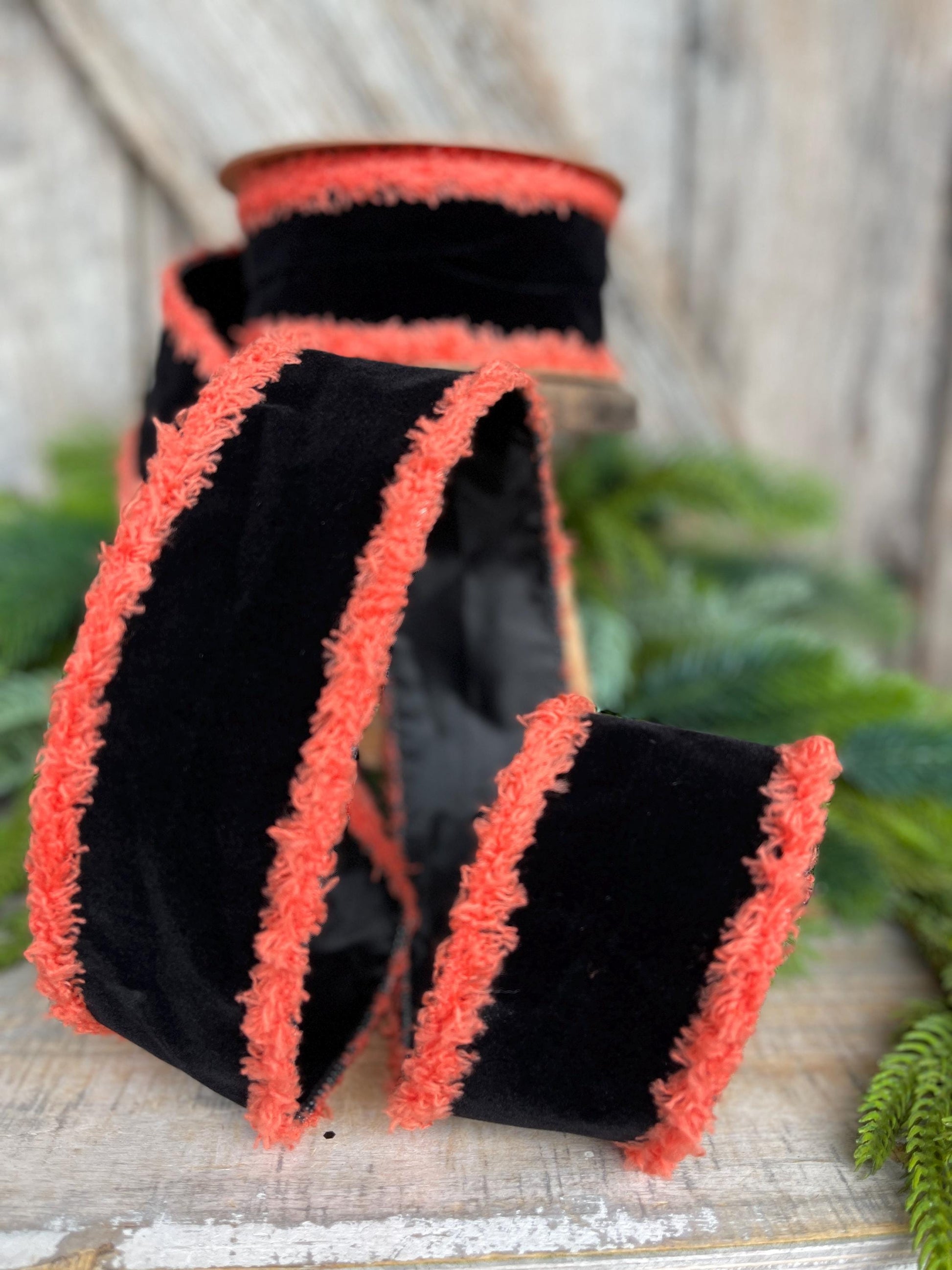 Black Velvet Halloween Ribbon: Orange Fuzzy Edge, Wired - 2.5"