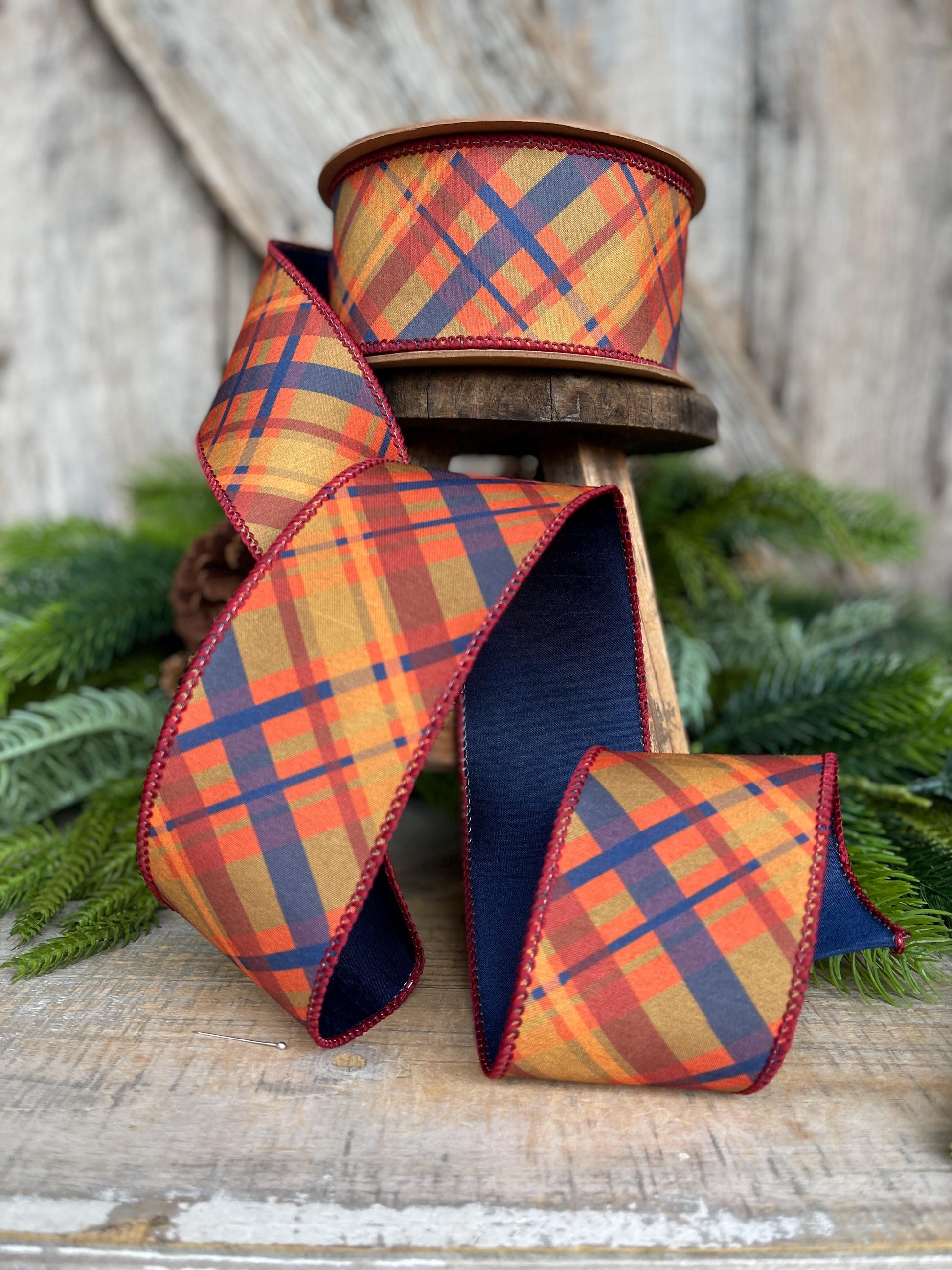 2.5" Fall Plaid Ribbon, Navy Blue Plaid ribbon, Fall Ribbon