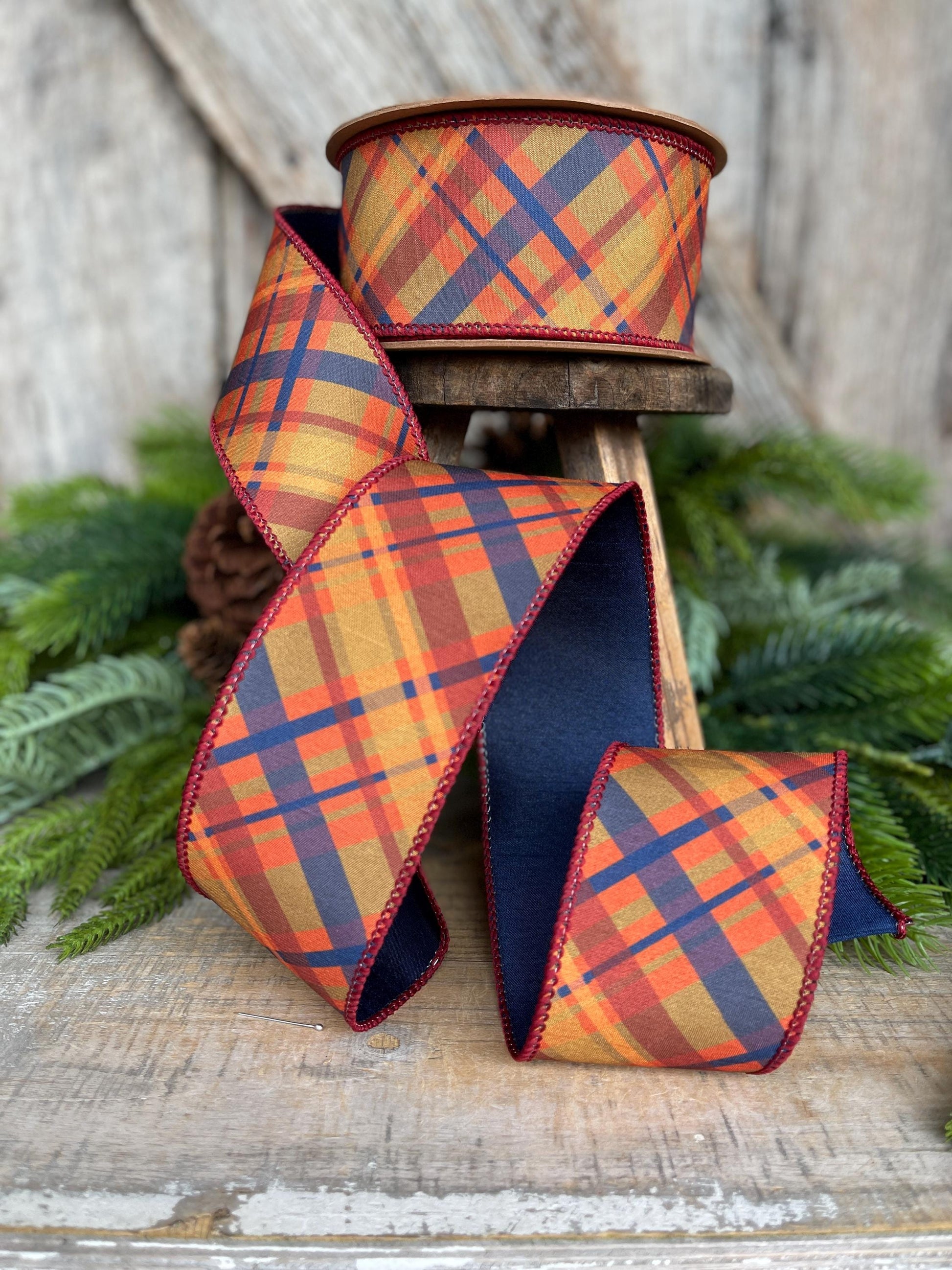 2.5" Fall Plaid Ribbon, Navy Blue Plaid ribbon, Fall Ribbon