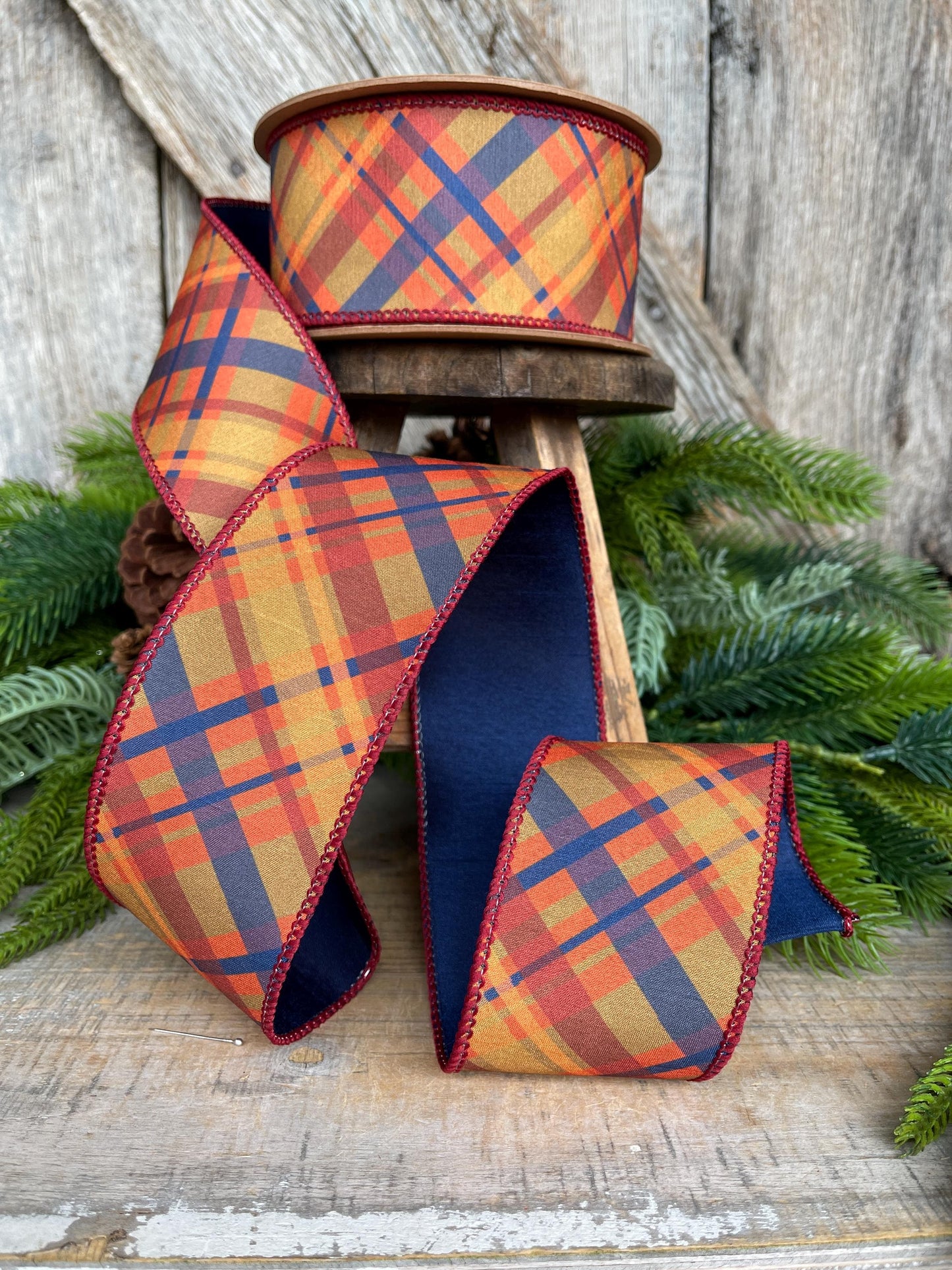 2.5" Fall Plaid Ribbon, Navy Blue Plaid ribbon, Fall Ribbon