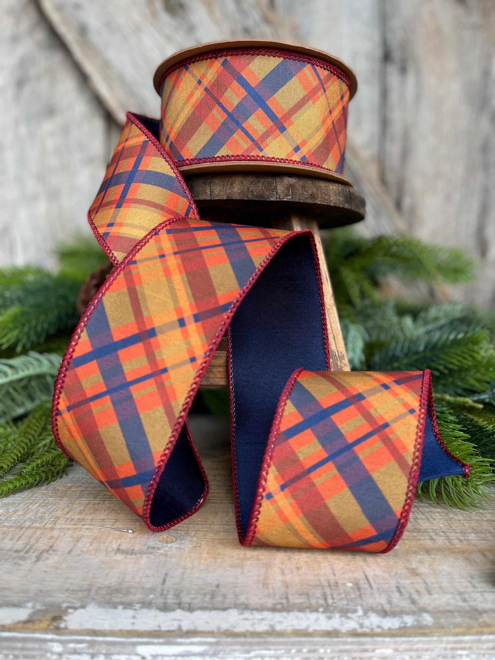 2.5" Fall Plaid Ribbon, Navy Blue Plaid ribbon, Fall Ribbon