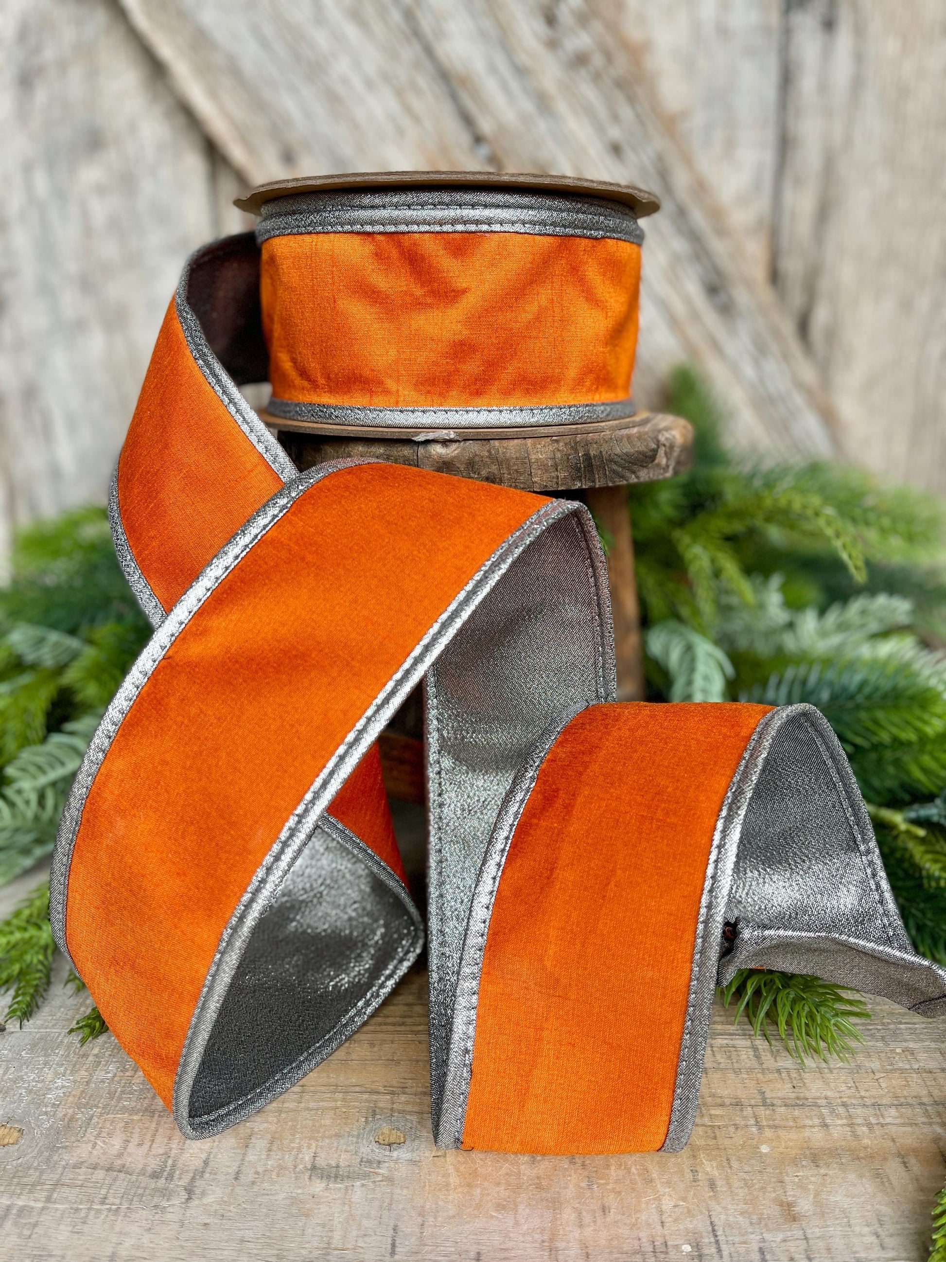 2.5" Orange Silver Ribbon, Halloween Ribbon, Orange with Silver Edging Ribbon, Wired RIbbon
