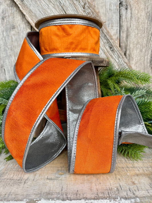 2.5" Orange Silver Ribbon, Halloween Ribbon, Orange with Silver Edging Ribbon, Wired RIbbon