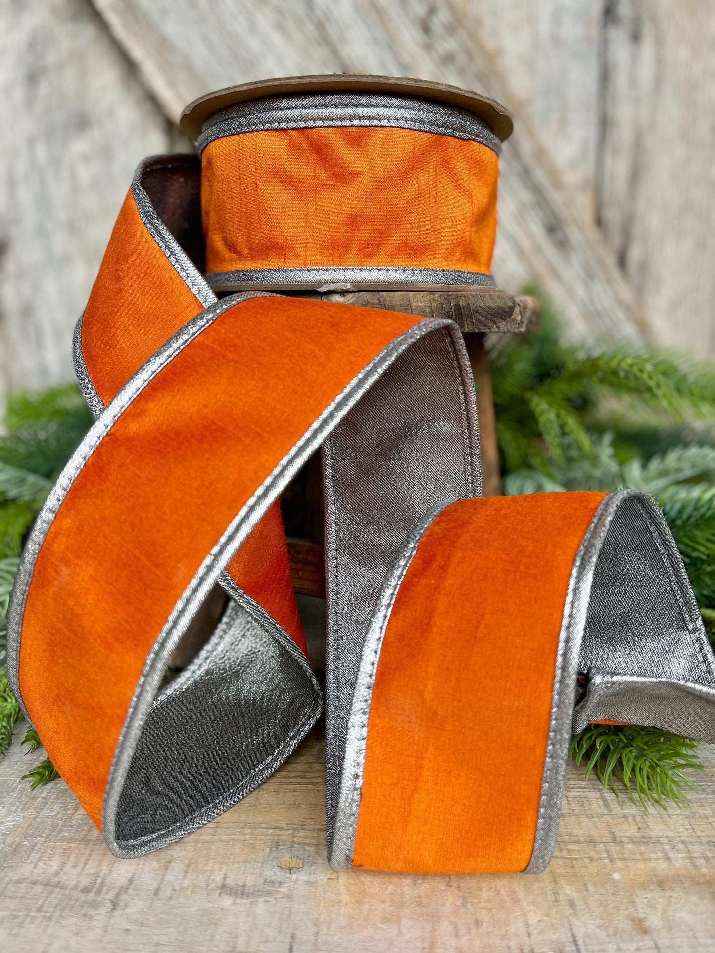 2.5" Orange Silver Ribbon, Halloween Ribbon, Orange with Silver Edging Ribbon, Wired RIbbon