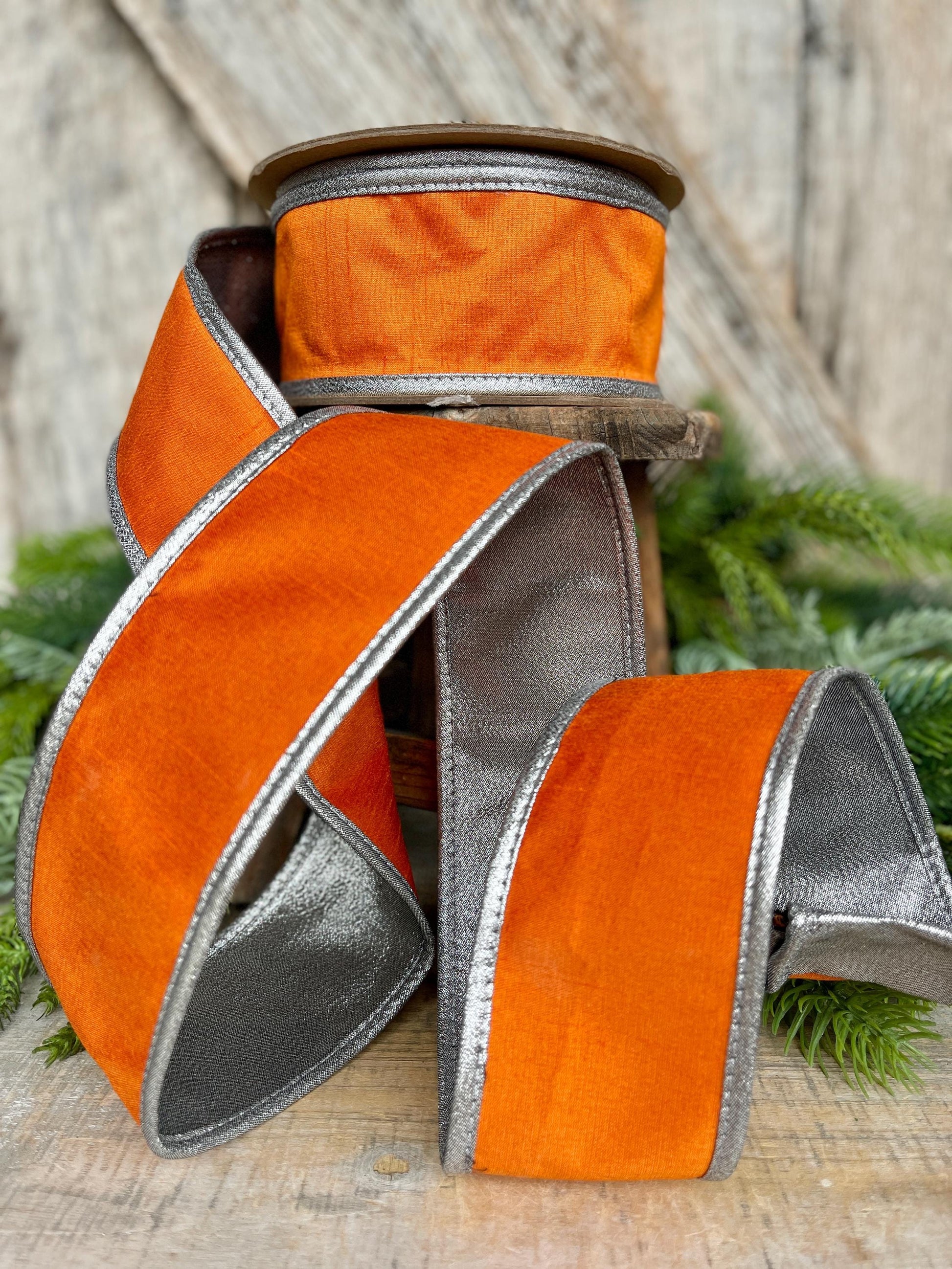 2.5" Orange Silver Ribbon, Halloween Ribbon, Orange with Silver Edging Ribbon, Wired RIbbon