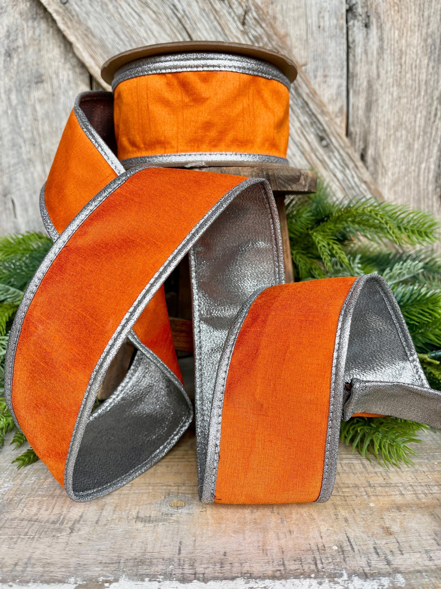 2.5" Orange Silver Ribbon, Halloween Ribbon, Orange with Silver Edging Ribbon, Wired RIbbon