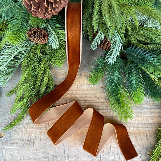 1” Pecan Brown Velvet Ribbon, Unwired Ribbon, Christmas ribbon, Brown Velvet Ribbon