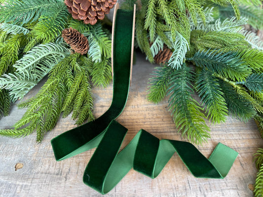 1” Emerald Green Velvet Ribbon, Unwired Ribbon, Christmas ribbon, Dark Green Velvet Ribbon