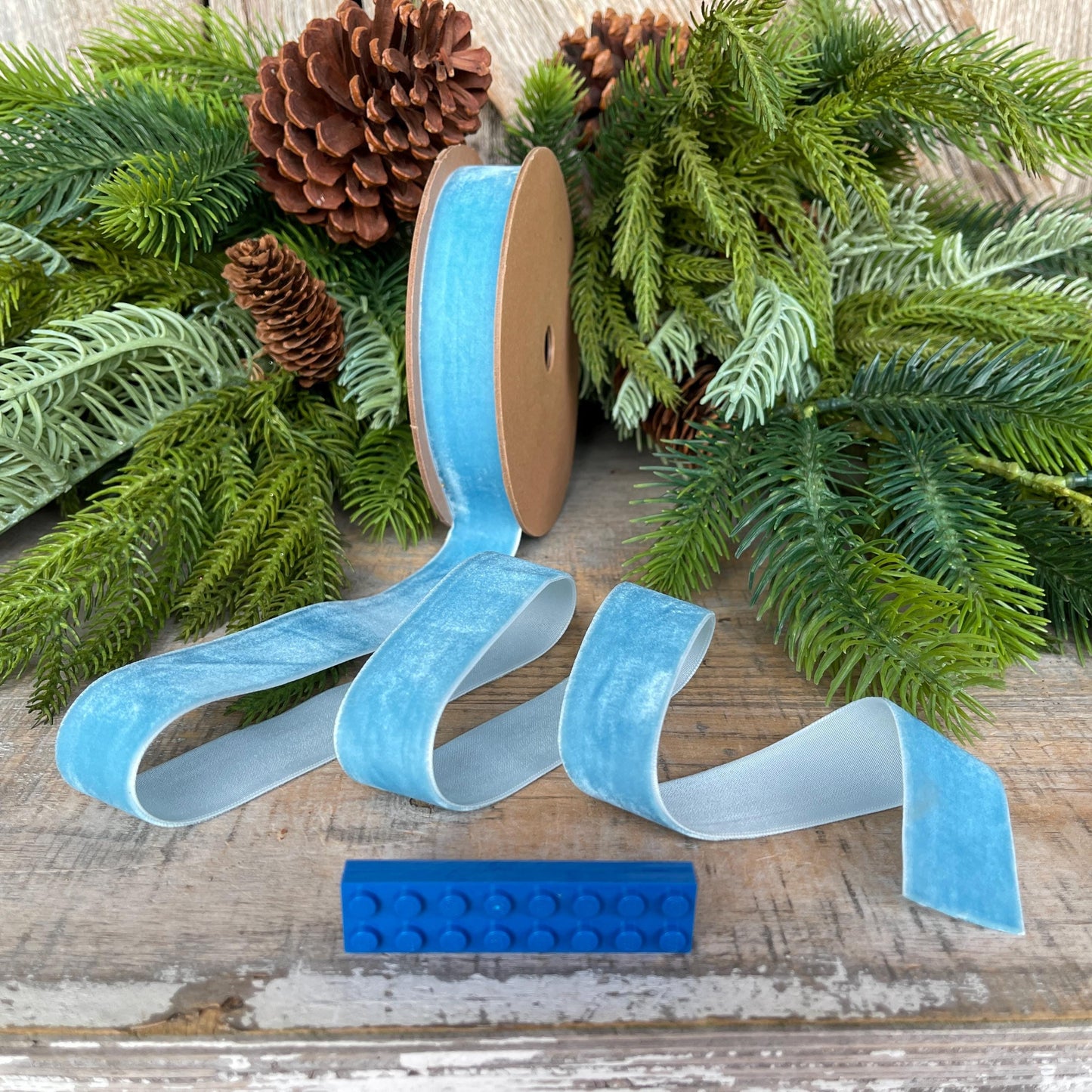 1” Light Blue Velvet Ribbon, Unwired Ribbon, Christmas ribbon, French Blue Velvet Ribbon, Sky Blue Velvet Ribbon