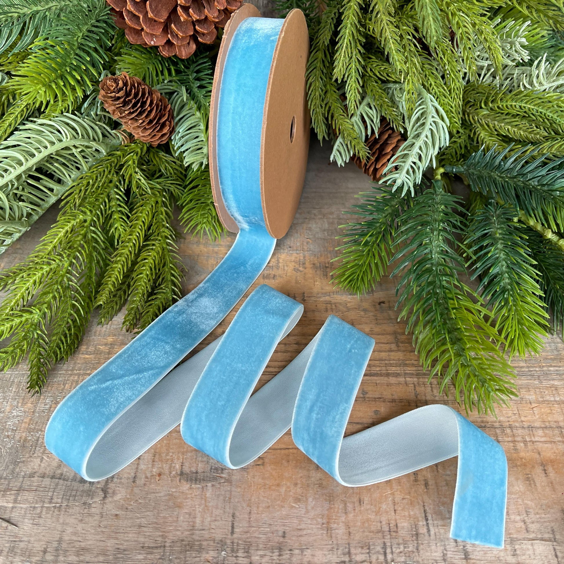 1” Light Blue Velvet Ribbon, Unwired Ribbon, Christmas ribbon, French Blue Velvet Ribbon, Sky Blue Velvet Ribbon