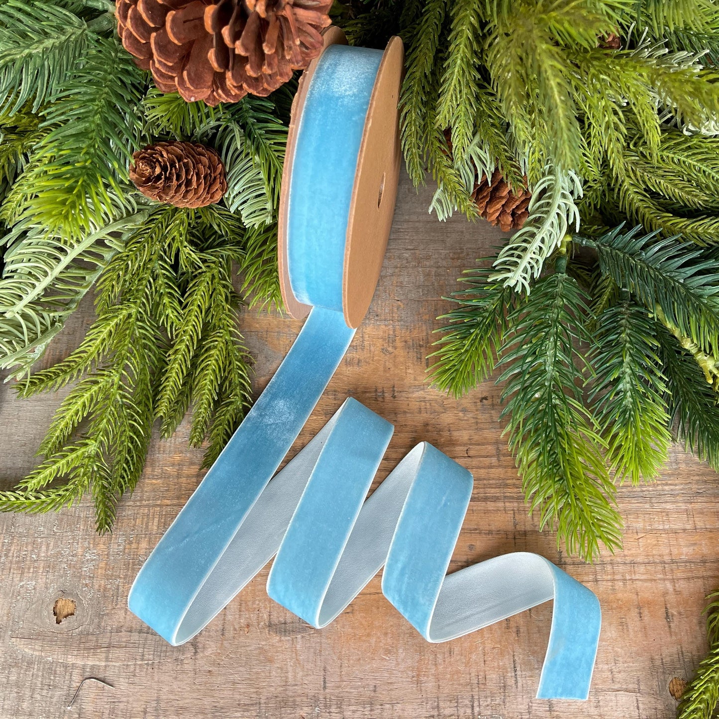 1” Light Blue Velvet Ribbon, Unwired Ribbon, Christmas ribbon, French Blue Velvet Ribbon, Sky Blue Velvet Ribbon