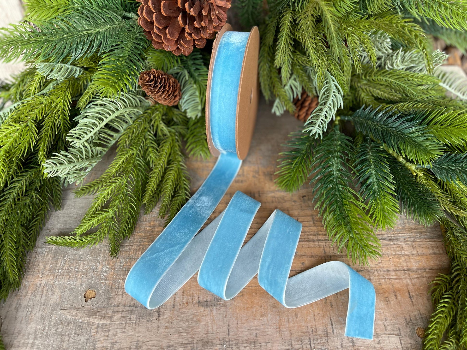 1” Light Blue Velvet Ribbon, Unwired Ribbon, Christmas ribbon, French Blue Velvet Ribbon, Sky Blue Velvet Ribbon