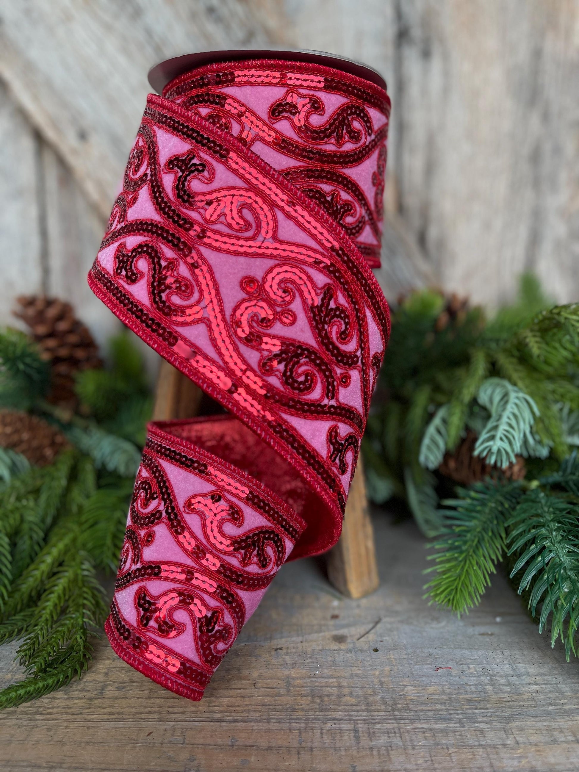 Hot Pink Sequin Ribbon: 4" Wired Christmas Tree Ribbon