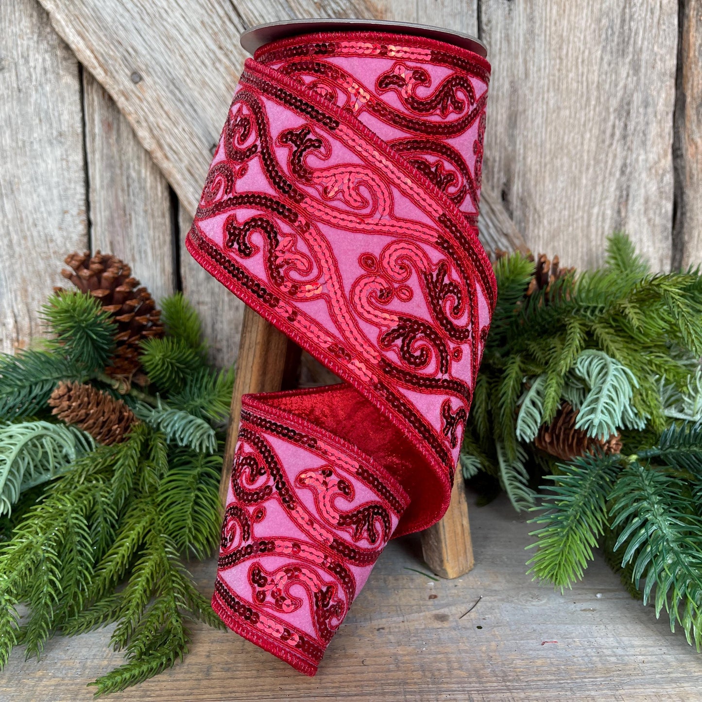 Hot Pink Sequin Ribbon: 4" Wired Christmas Tree Ribbon